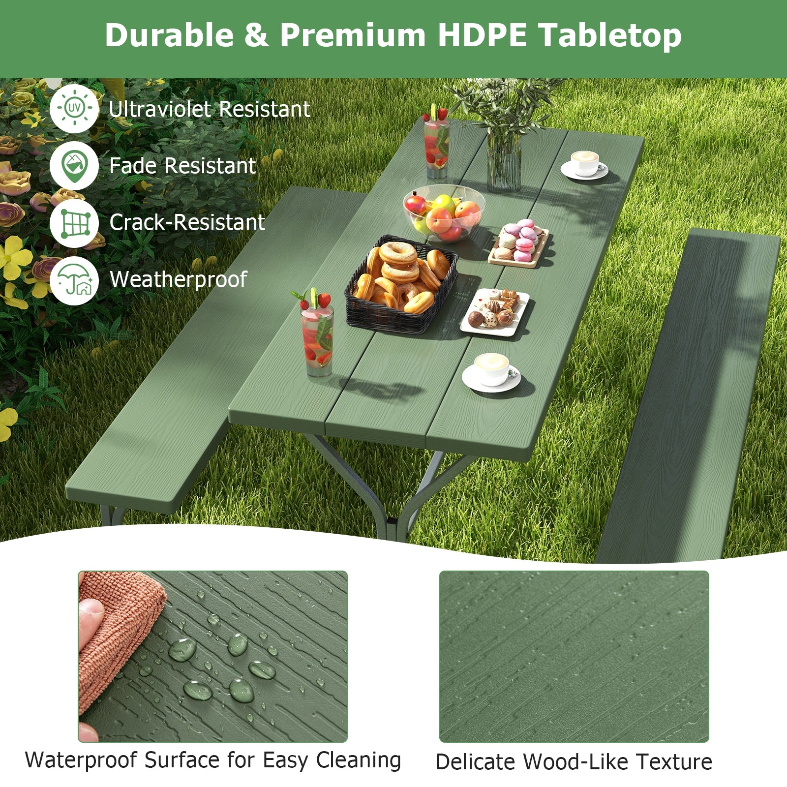 6 FT Picnic Table Bench Set, Metal Frame, HDPE Tabletop, Green Picnic Tables at Gallery Canada