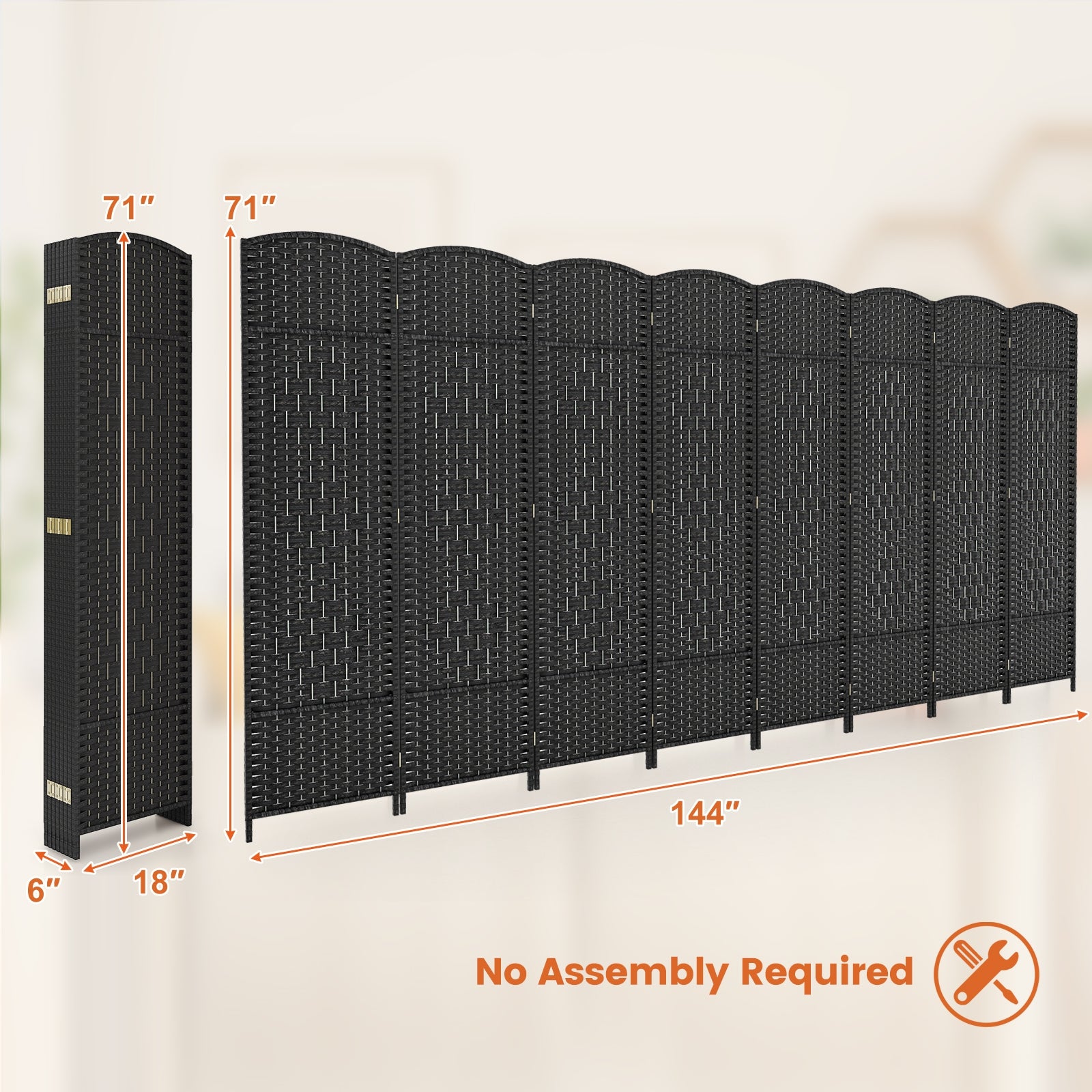 8-Panel Folding Room Divider, Hand-Woven Texture, Solid Wood Frame, Black Room Dividers at Gallery Canada
