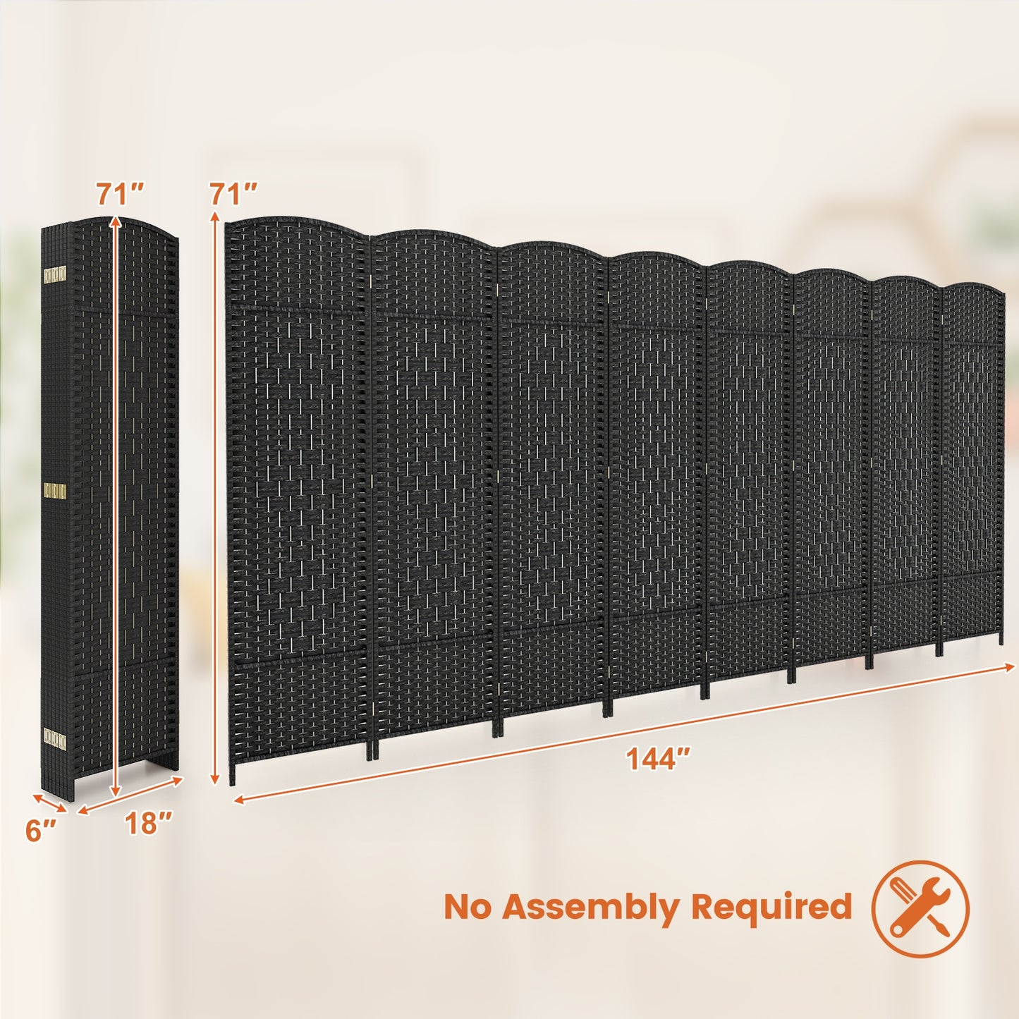 8-Panel Folding Room Divider, Hand-Woven Texture, Solid Wood Frame, Black Room Dividers at Gallery Canada