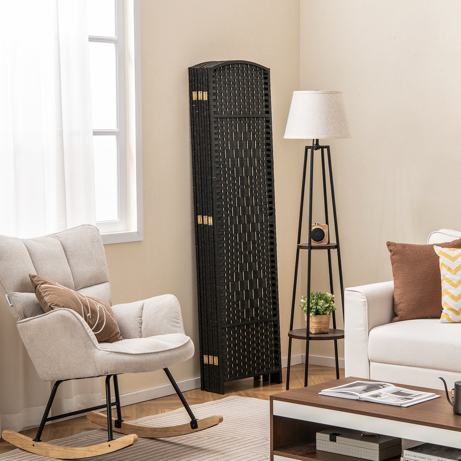 8-Panel Folding Room Divider, Hand-Woven Texture, Solid Wood Frame, Black Room Dividers at Gallery Canada