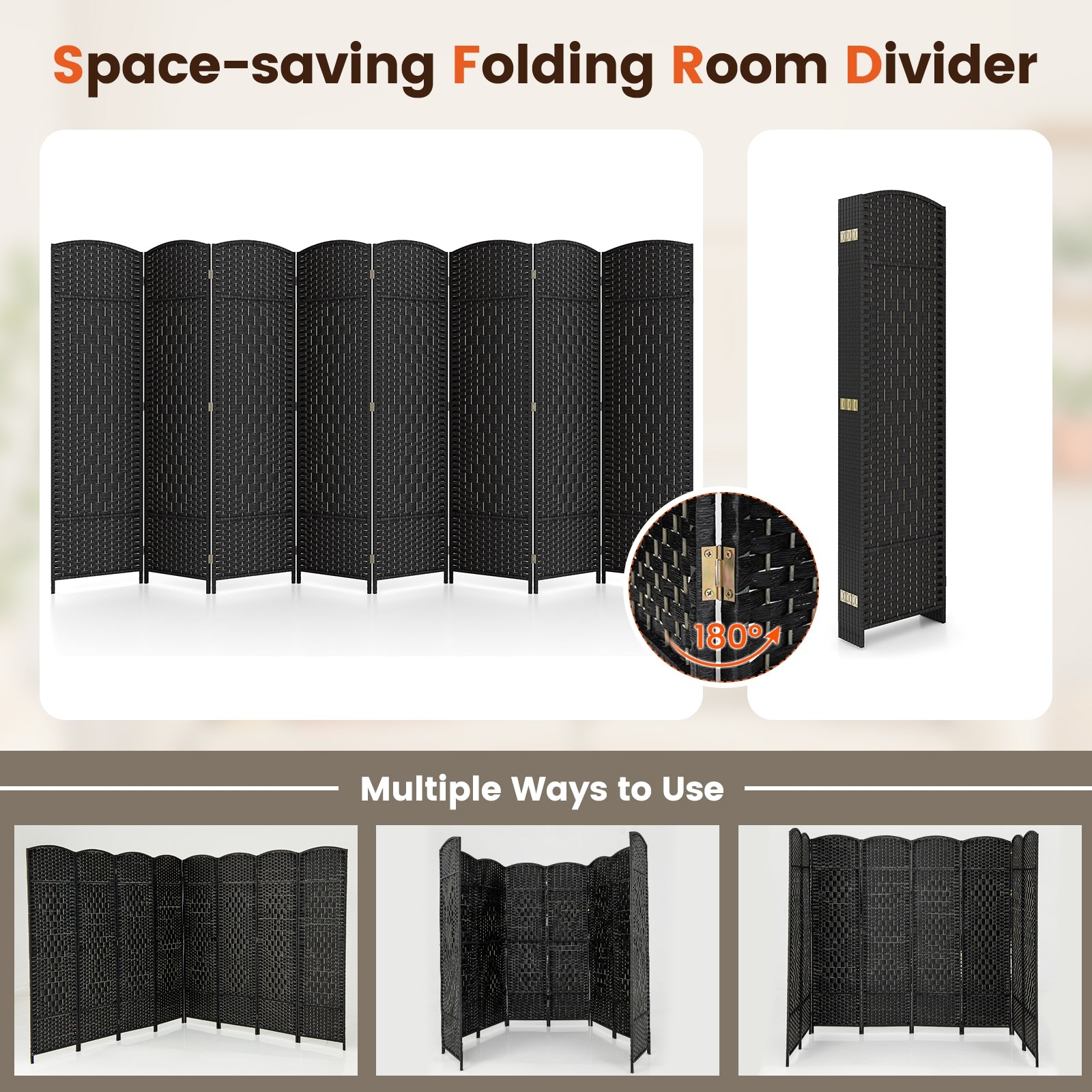 8-Panel Folding Room Divider, Hand-Woven Texture, Solid Wood Frame, Black Room Dividers at Gallery Canada
