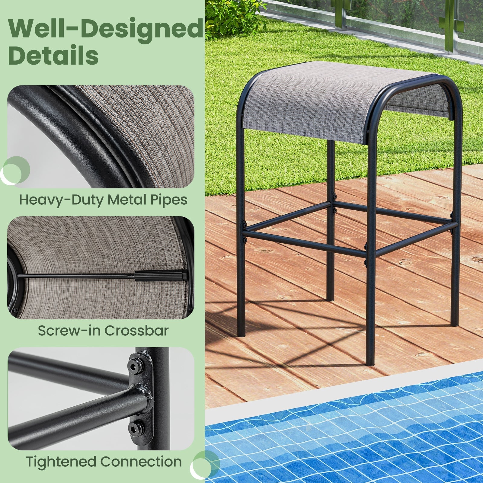 Set Of 2 Metal Bar Stools, Curved Fabric Seat, Patio Bar Stools at Gallery Canada