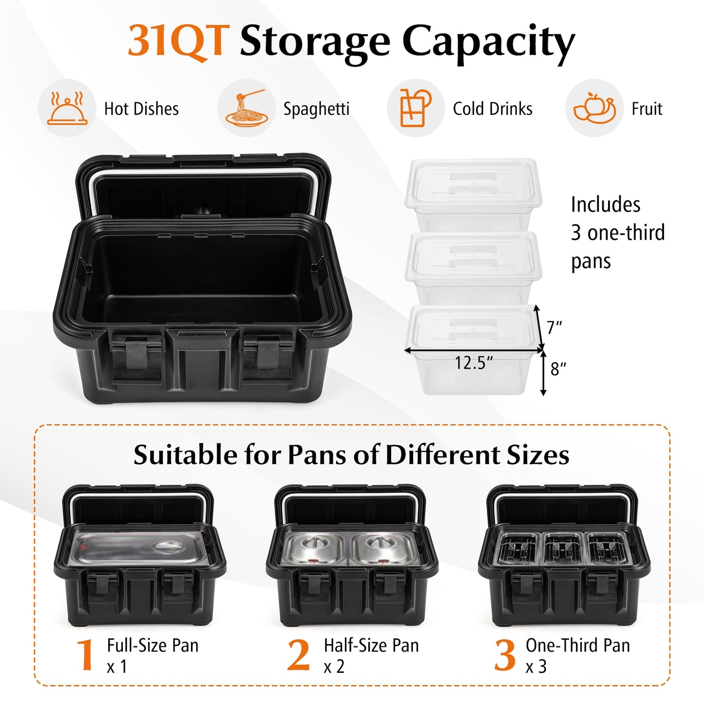 31 QT Insulated Food Pan Container, 3 Transparent Pans With Lids, Black Food Warmers & Burners at Gallery Canada