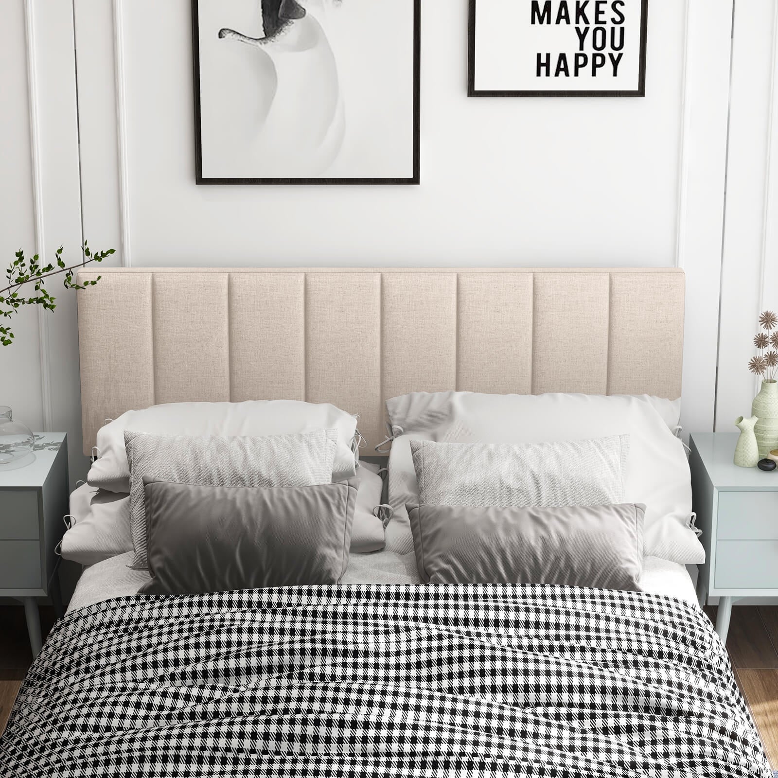 Linen Upholstered Headboard, Solid Wood Legs, Adjustable Width, Beige Headboards at Gallery Canada
