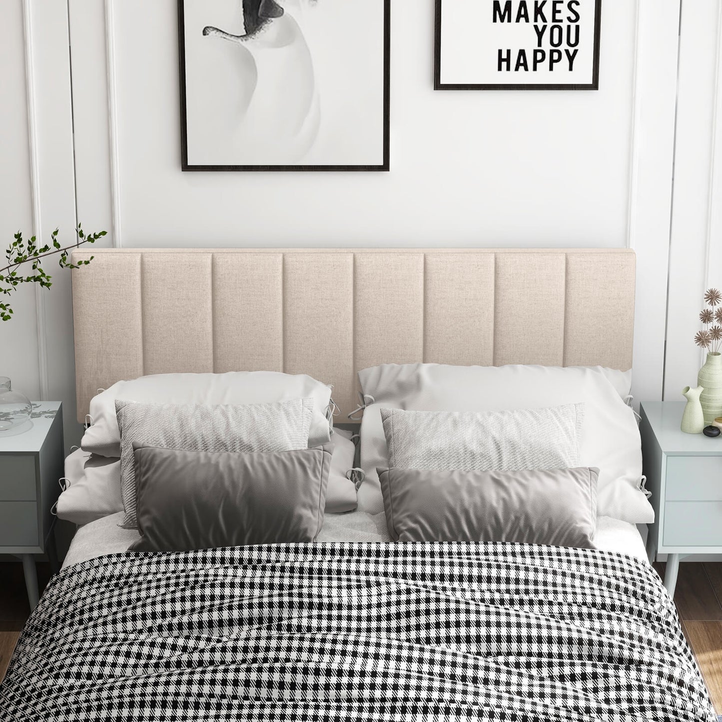 Linen Upholstered Headboard, Solid Wood Legs, Adjustable Width, Beige Headboards at Gallery Canada