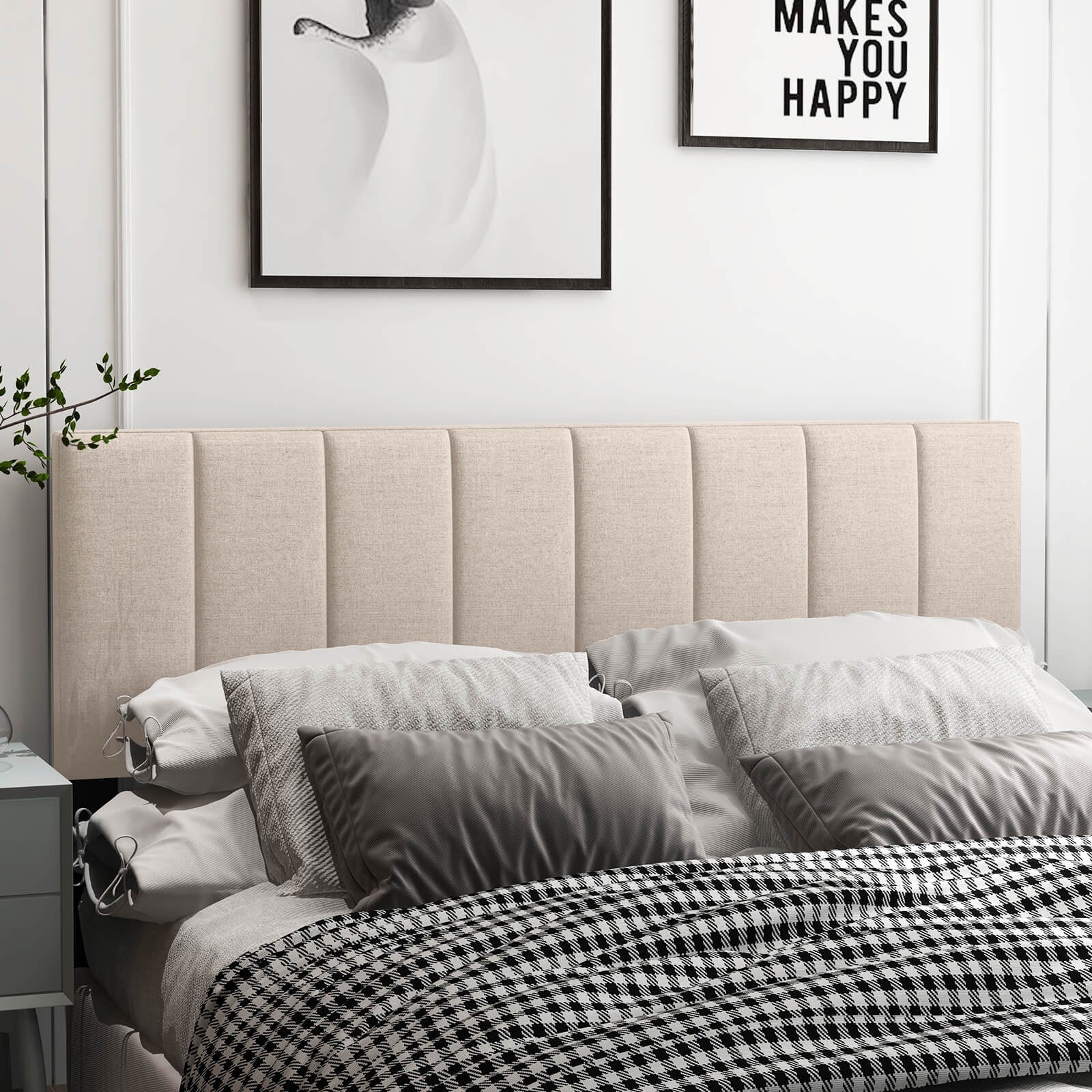 Linen Upholstered Headboard, Solid Wood Legs, Adjustable Width, Beige Headboards at Gallery Canada