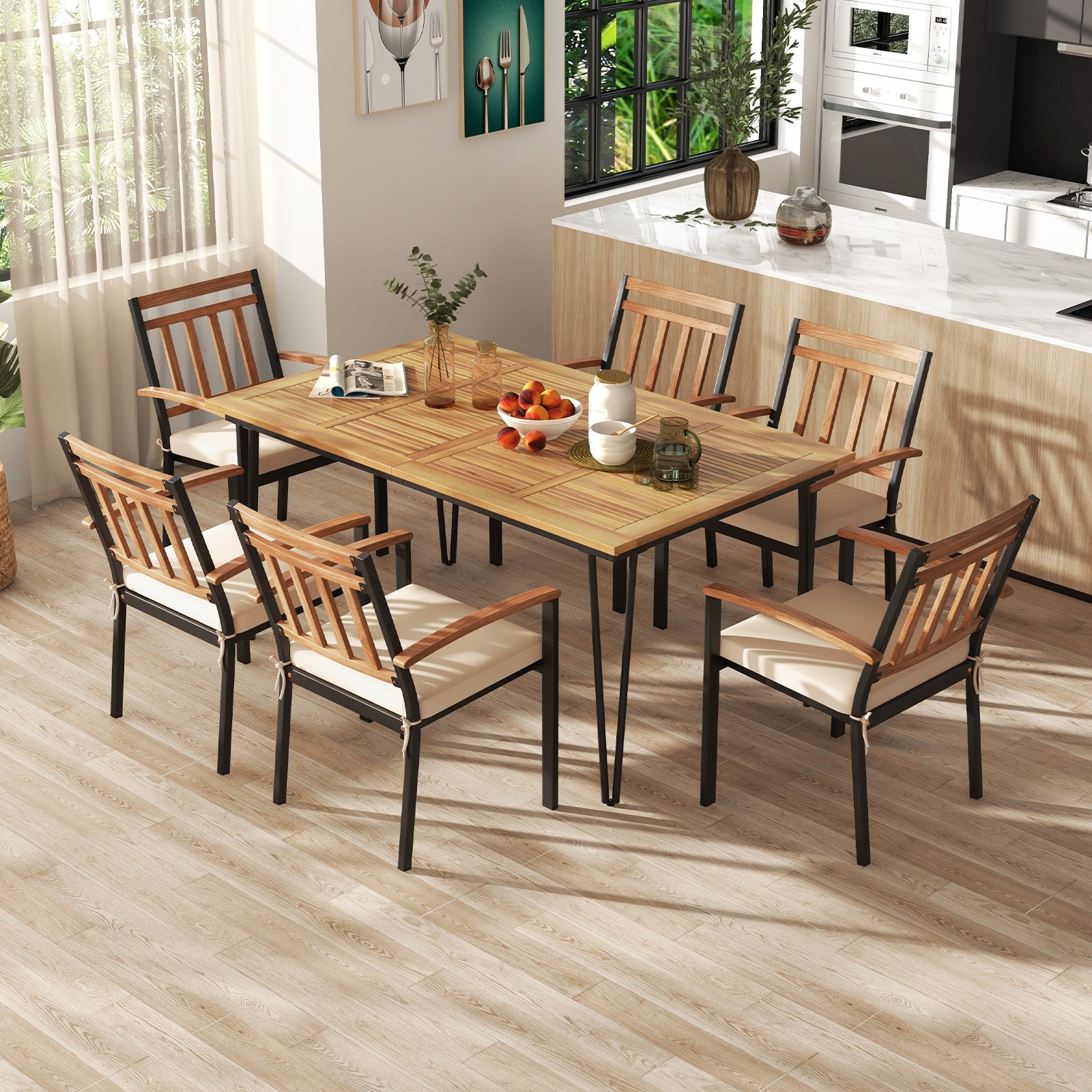 63 Inch Rectangular Outdoor Dining Table, Acacia Wood, Natural, Black Patio Dining Tables at Gallery Canada