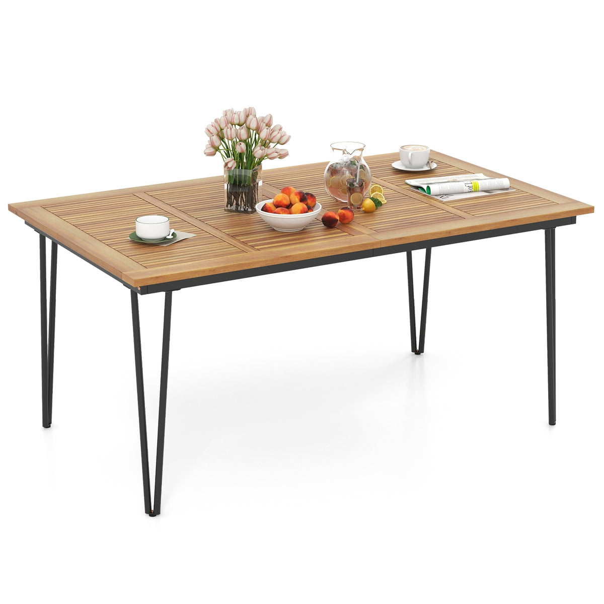 63 Inch Rectangular Outdoor Dining Table, Acacia Wood, Natural, Black Patio Dining Tables at Gallery Canada