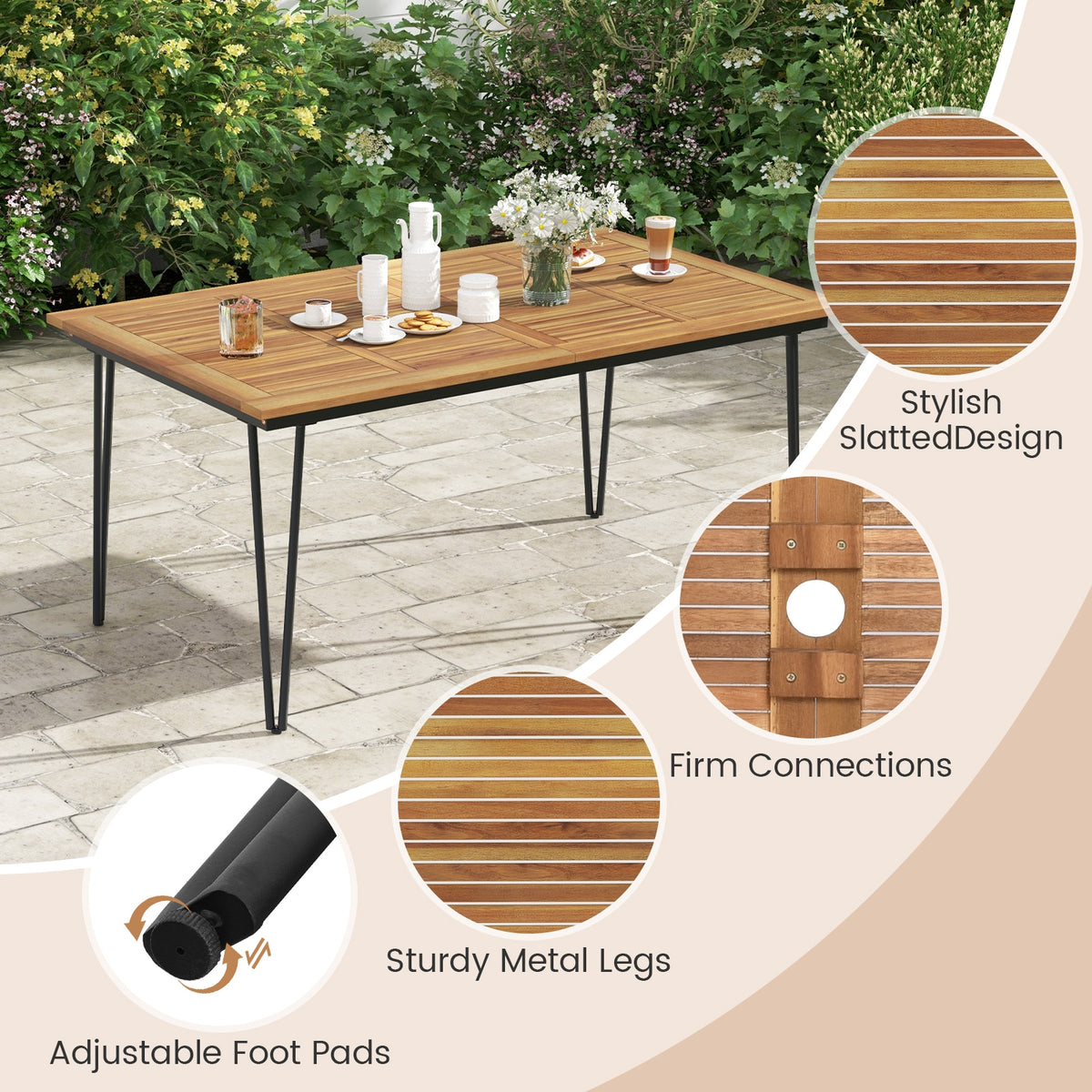63 Inch Rectangular Outdoor Dining Table, Acacia Wood, Natural, Black Patio Dining Tables at Gallery Canada