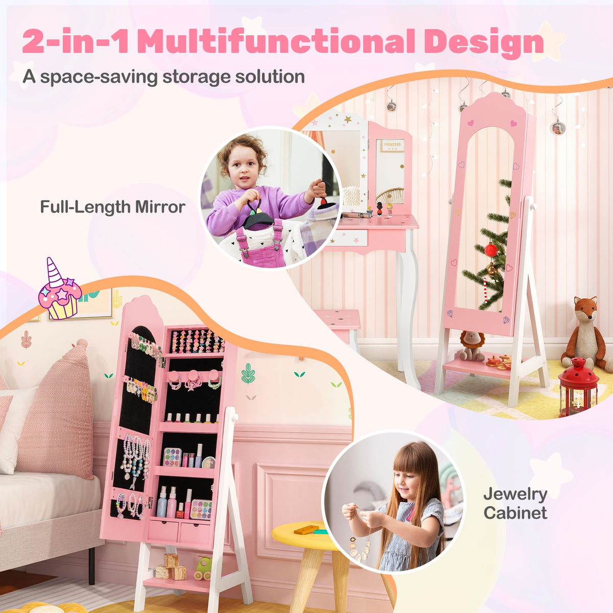 Kids Vanity Set, Jewelry Armoire Cabinet, Full-Length Mirror, Pink Kids Vanities at Gallery Canada