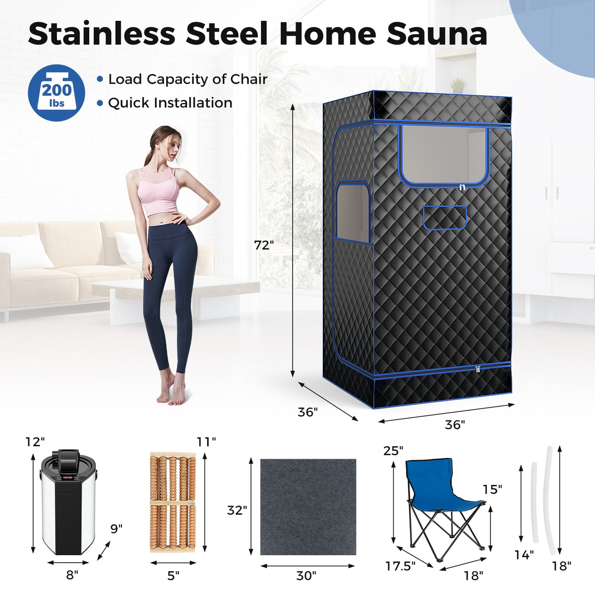Portable Steam Sauna, 3L Steam Generator, Remote Control, Wood Foot Massager, Foldable Chair, Black Spa & Salon at Gallery Canada