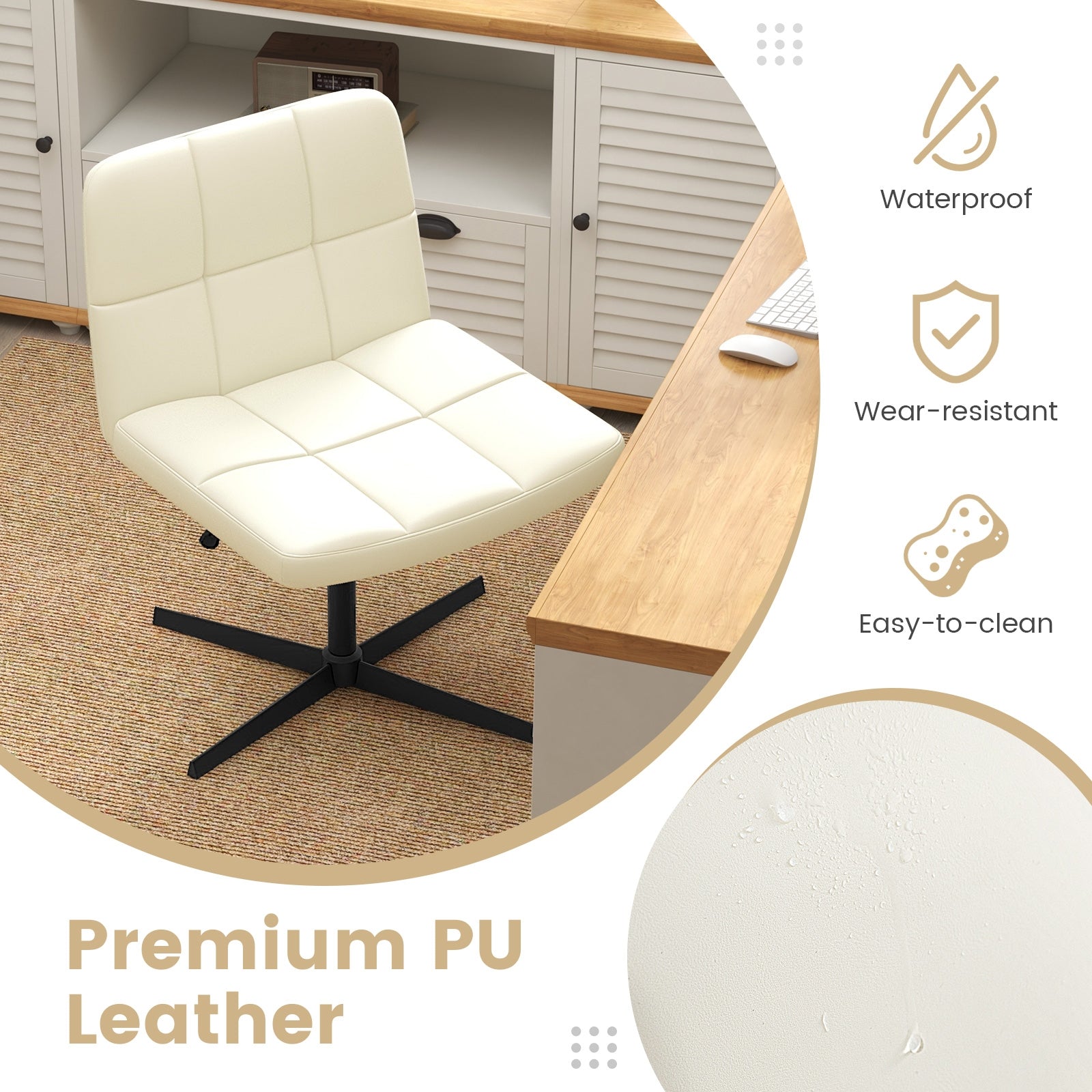PU Leather Cross-Legged Office Chair, U-Shaped Seat, Beige Armless Chairs at Gallery Canada