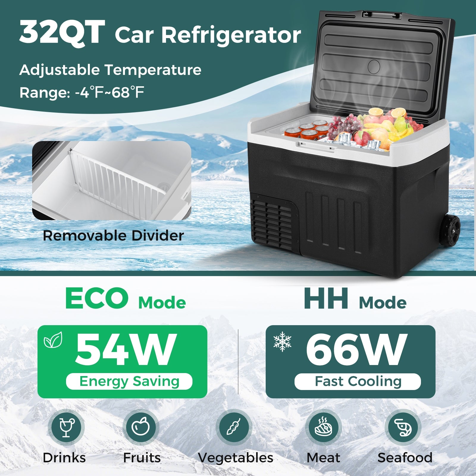 12V Car Refrigerator 32QT, Touch Panel, Removable Divider, Black Coolers at Gallery Canada