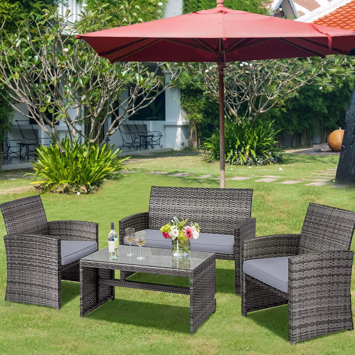 4 Piece Rattan Patio Set, Glass Table, Loveseat, Gray Patio Conversation Sets at Gallery Canada
