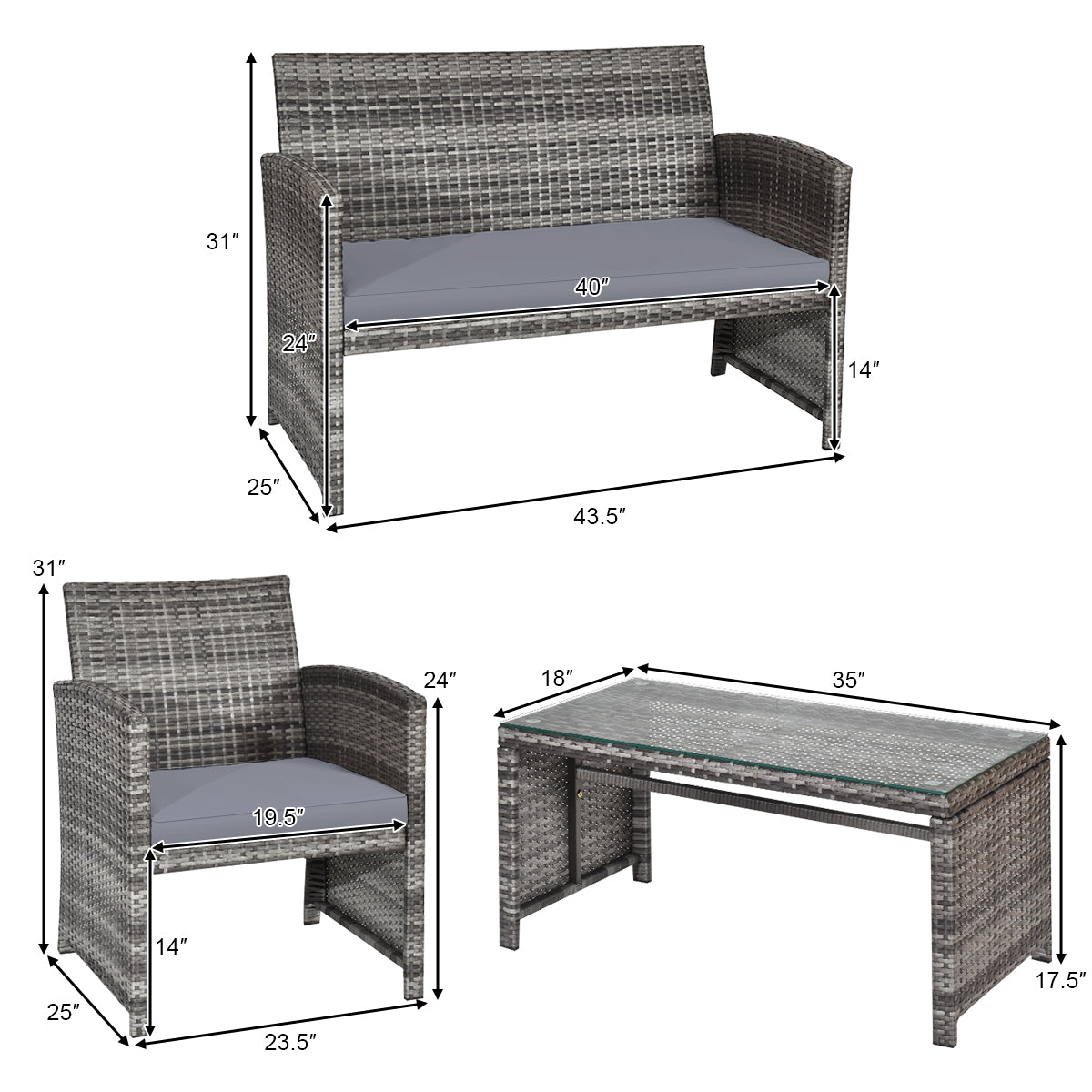 4 Piece Rattan Patio Set, Glass Table, Loveseat, Gray Patio Conversation Sets at Gallery Canada