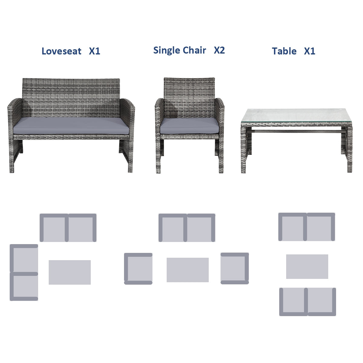 4 Piece Rattan Patio Set, Glass Table, Loveseat, Gray Patio Conversation Sets at Gallery Canada