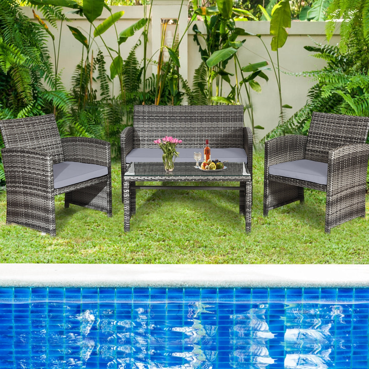 4 Piece Rattan Patio Set, Glass Table, Loveseat, Gray Patio Conversation Sets at Gallery Canada