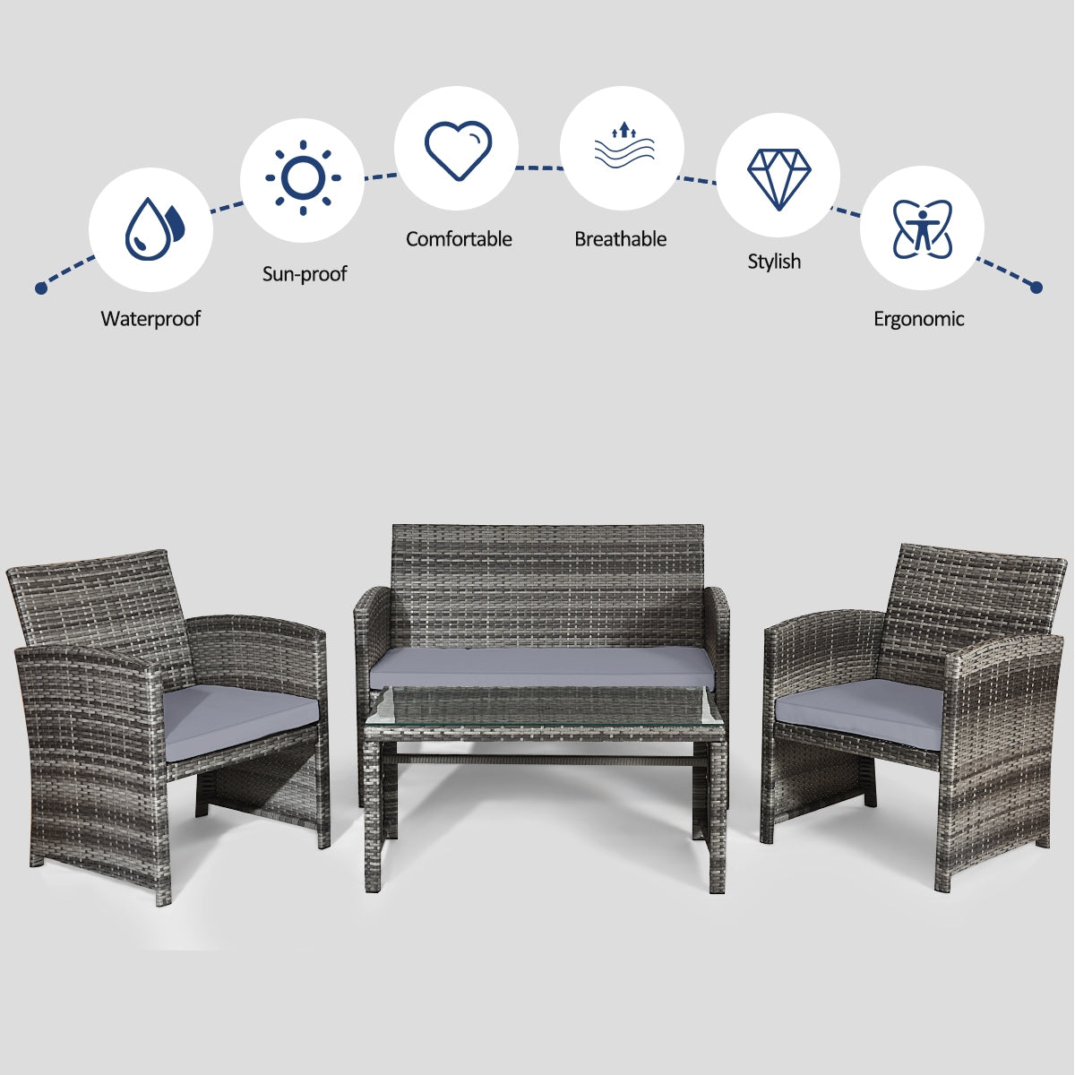 4 Piece Rattan Patio Set, Glass Table, Loveseat, Gray Patio Conversation Sets at Gallery Canada