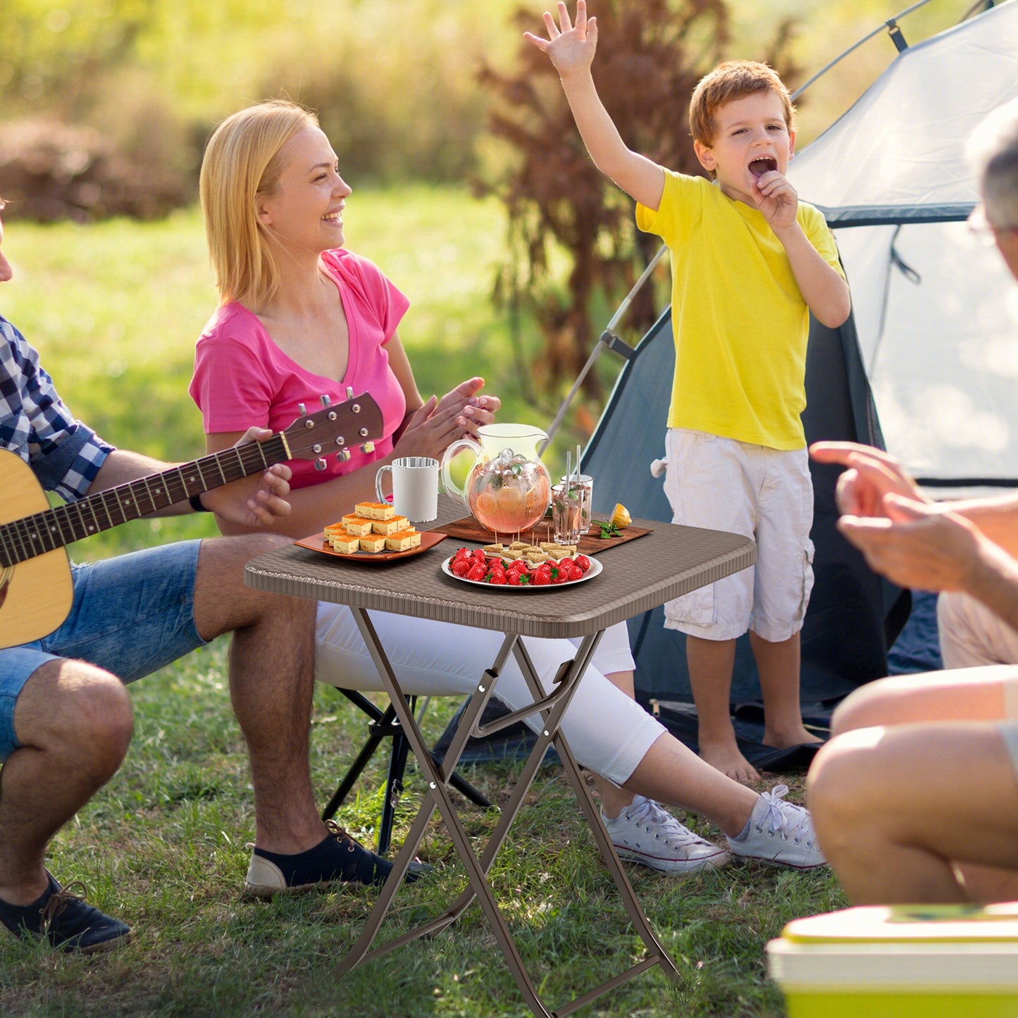 Folding Picnic Table, Rattan Grain HDPE Tabletop, Sturdy Metal Frame, Coffee Patio Dining Tables at Gallery Canada