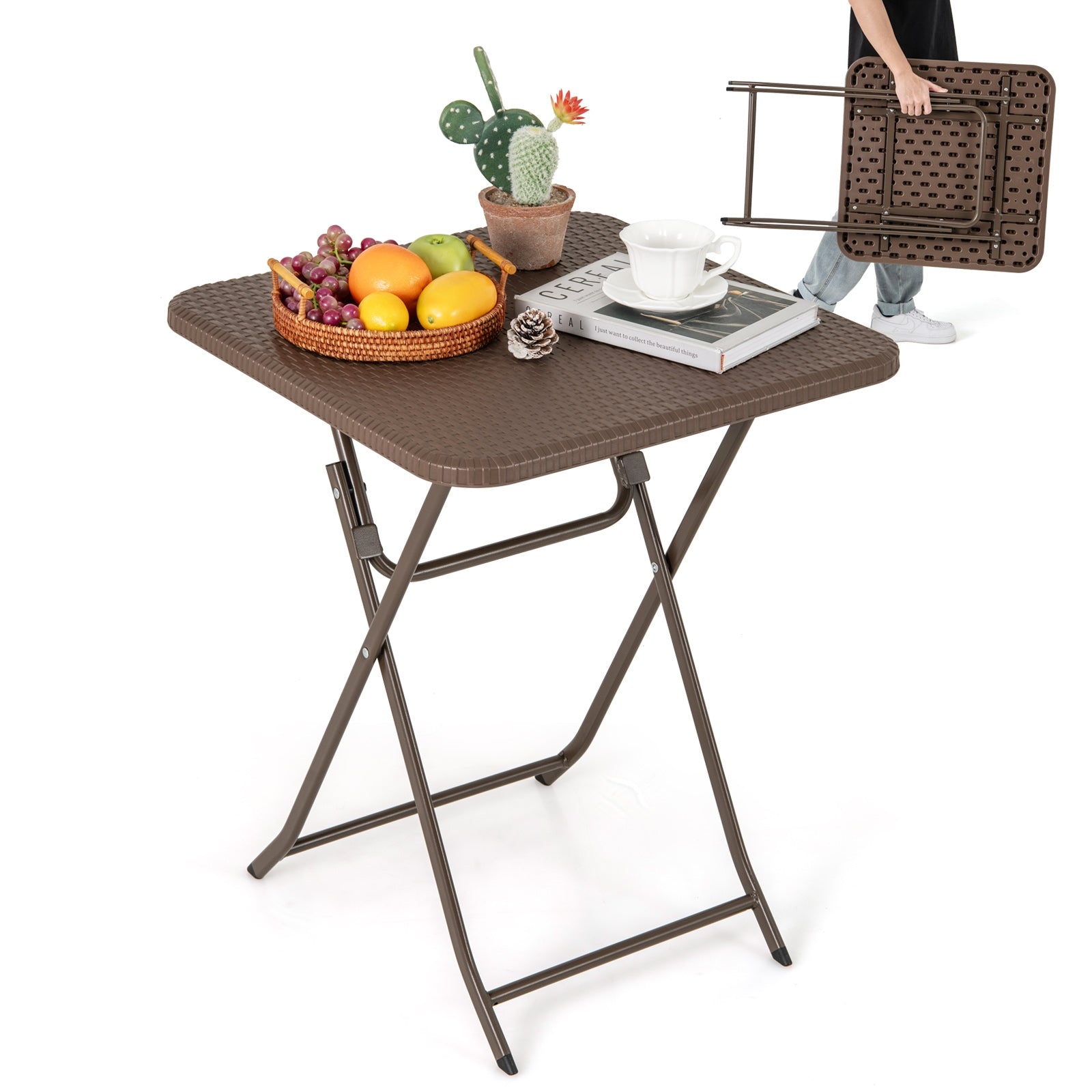 Folding Picnic Table, Rattan Grain HDPE Tabletop, Sturdy Metal Frame, Coffee Patio Dining Tables at Gallery Canada
