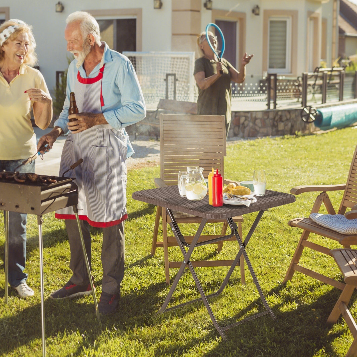 Folding Picnic Table, Rattan Grain HDPE Tabletop, Sturdy Metal Frame, Coffee Patio Dining Tables at Gallery Canada