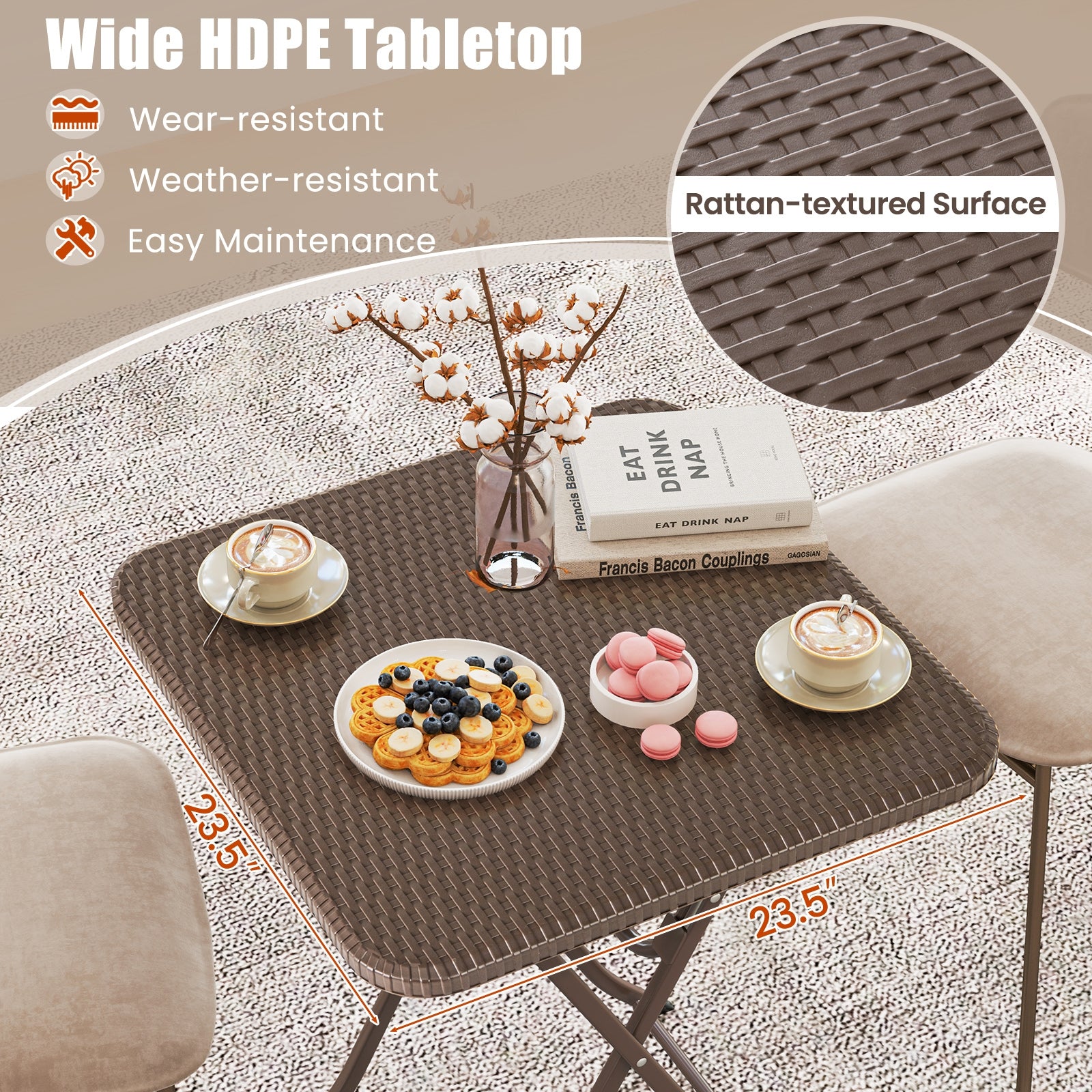 Folding Picnic Table, Rattan Grain HDPE Tabletop, Sturdy Metal Frame, Coffee Patio Dining Tables at Gallery Canada