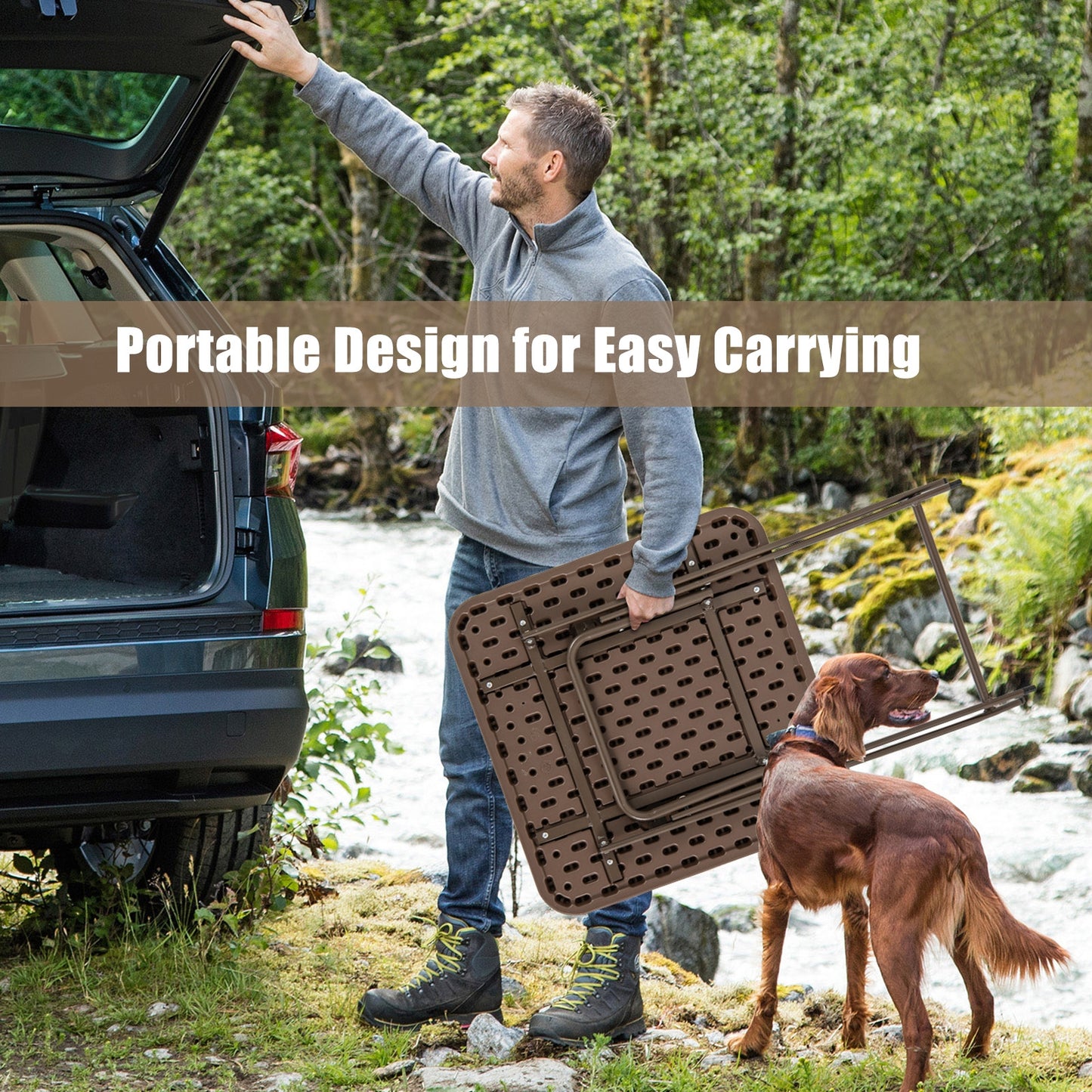 Folding Picnic Table, Rattan Grain HDPE Tabletop, Sturdy Metal Frame, Coffee Patio Dining Tables at Gallery Canada
