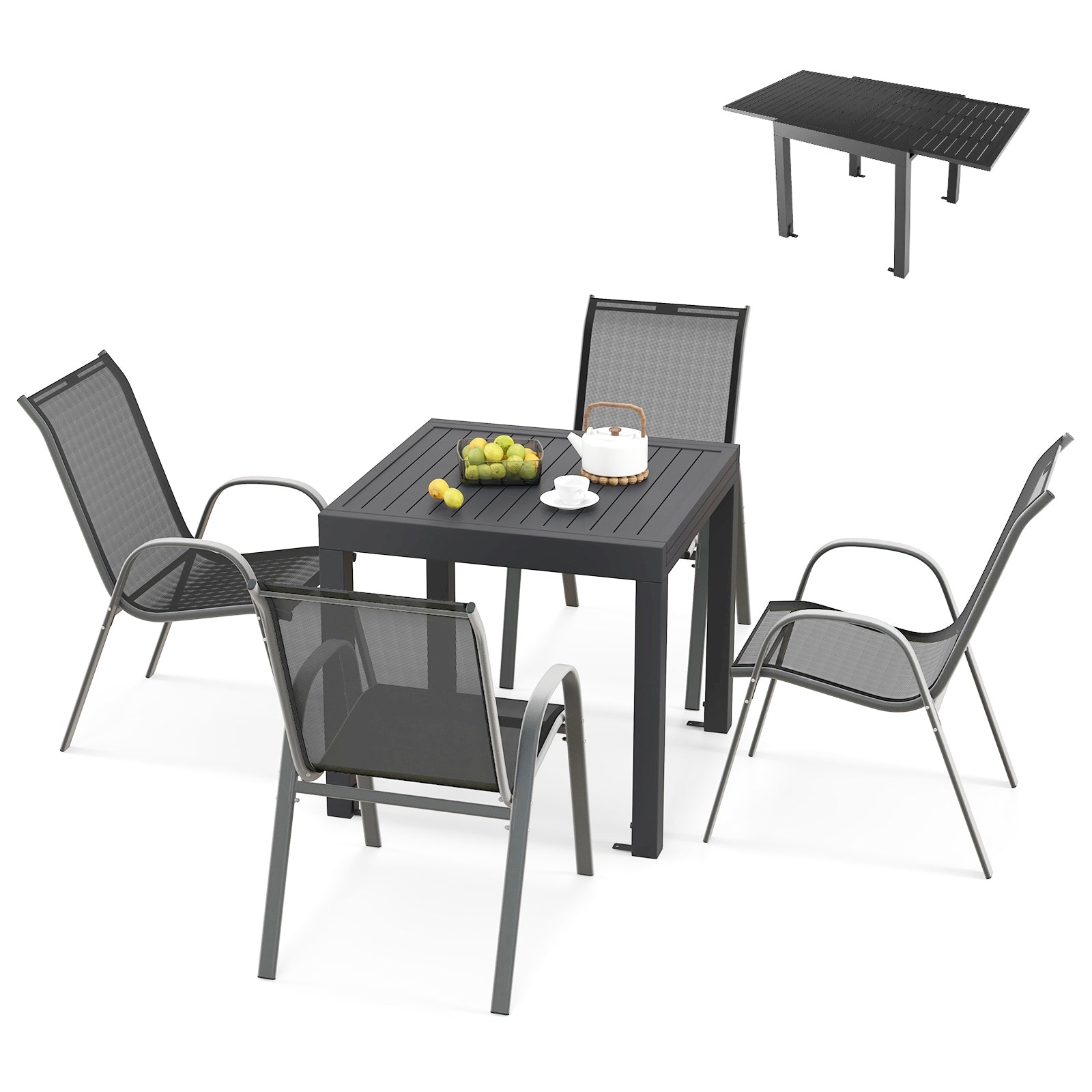 Extendable Aluminum Outdoor Dining Table Set With 4 Stackable Chairs Patio Dining Sets at Gallery Canada