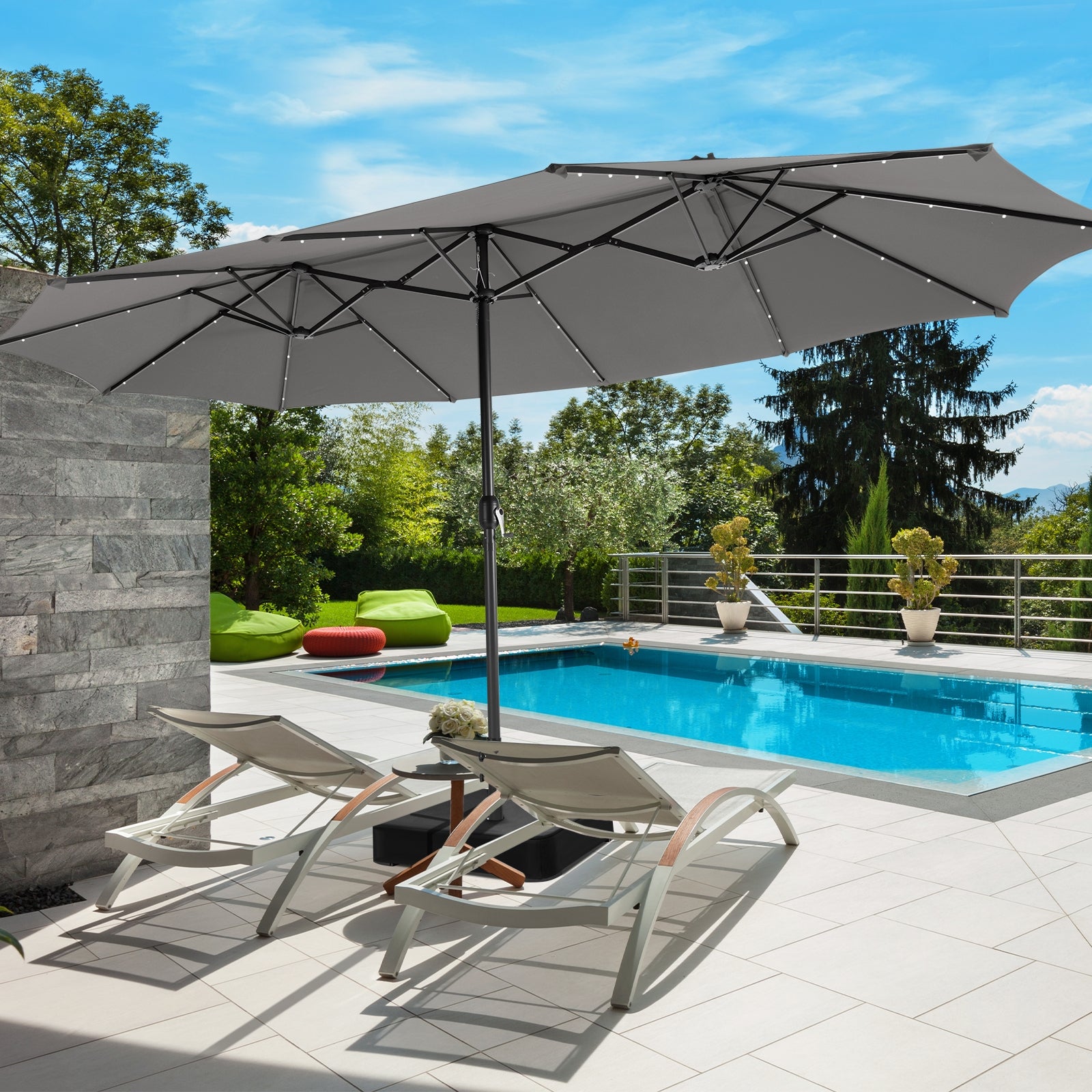 15 Feet Double-Sided Patio Umbrella With 48 LED Lights, Gray Outdoor Umbrellas at Gallery Canada