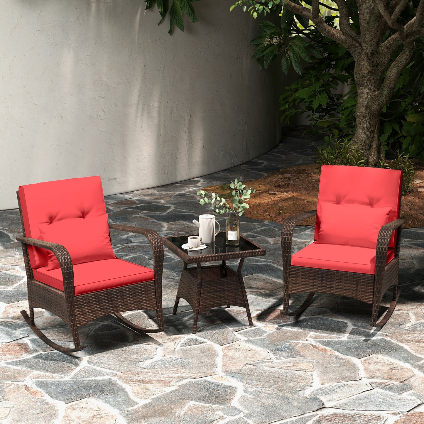 Outdoor Rocking Set, 3 Pieces, Tempered Glass Coffee Table, Red Patio Conversation Sets at Gallery Canada