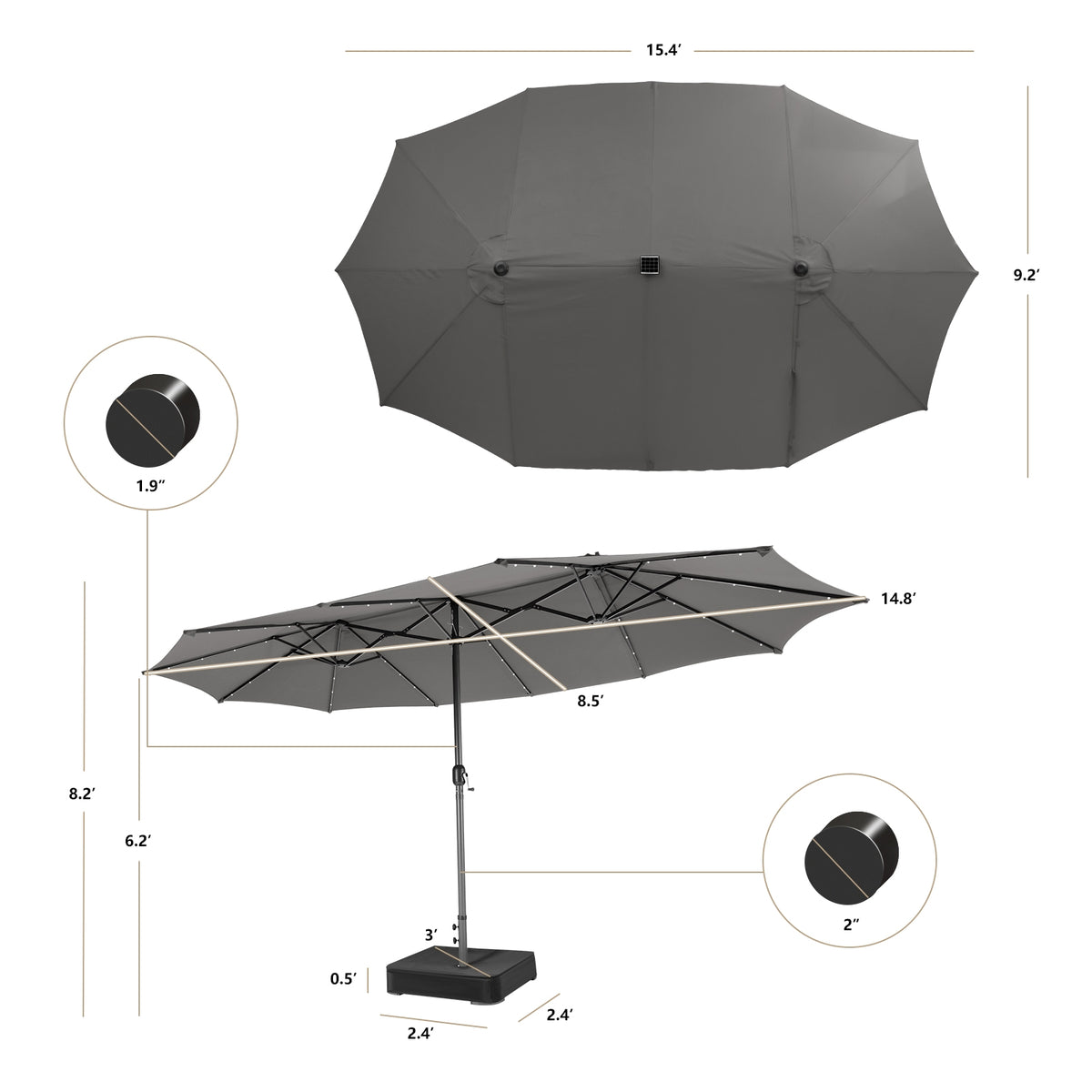 15 Feet Double-Sided Patio Umbrella With 48 LED Lights, Gray Outdoor Umbrellas at Gallery Canada