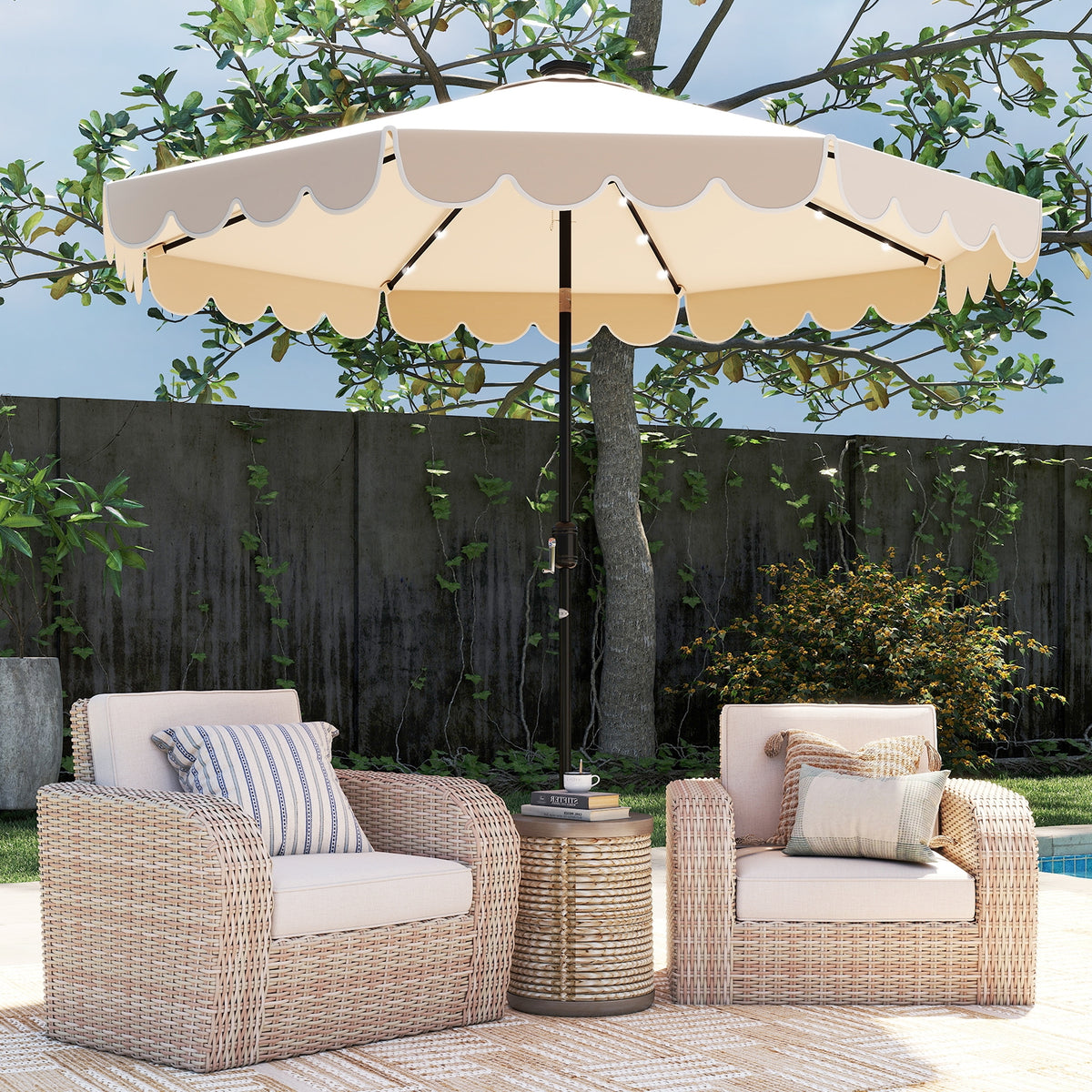 10 Feet Solar Patio Umbrella, 24 LED Lights, Beige Outdoor Umbrellas at Gallery Canada