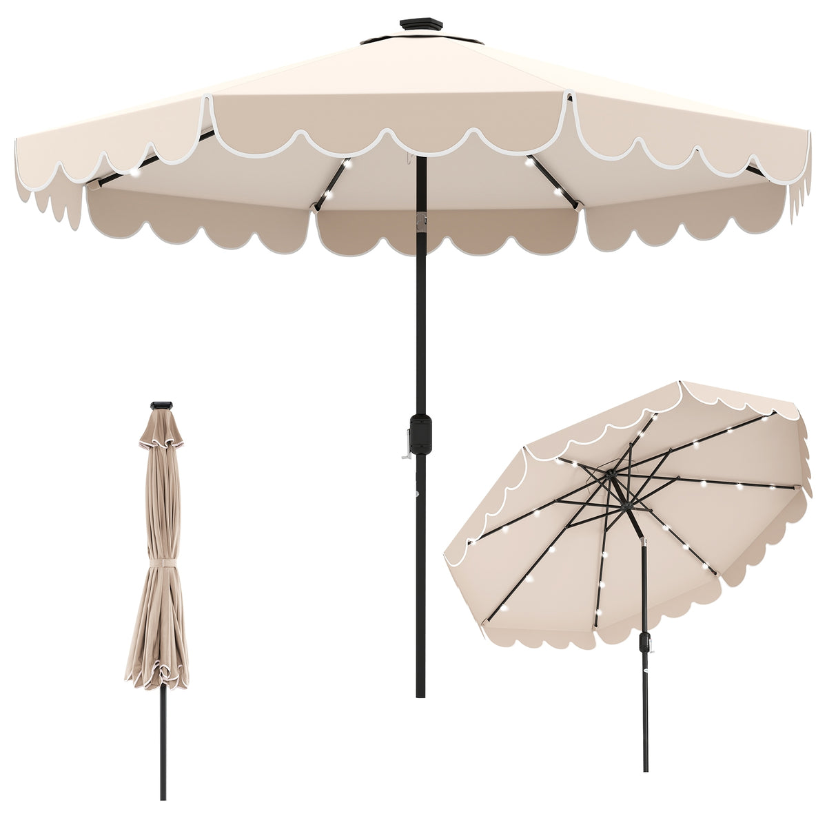 10 Feet Solar Patio Umbrella, 24 LED Lights, Beige Outdoor Umbrellas Beige at Gallery Canada