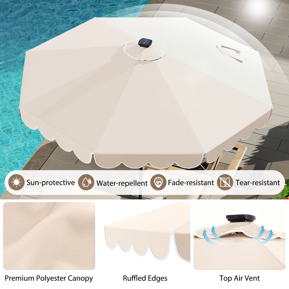 10 Feet Solar Patio Umbrella, 24 LED Lights, Beige Outdoor Umbrellas at Gallery Canada