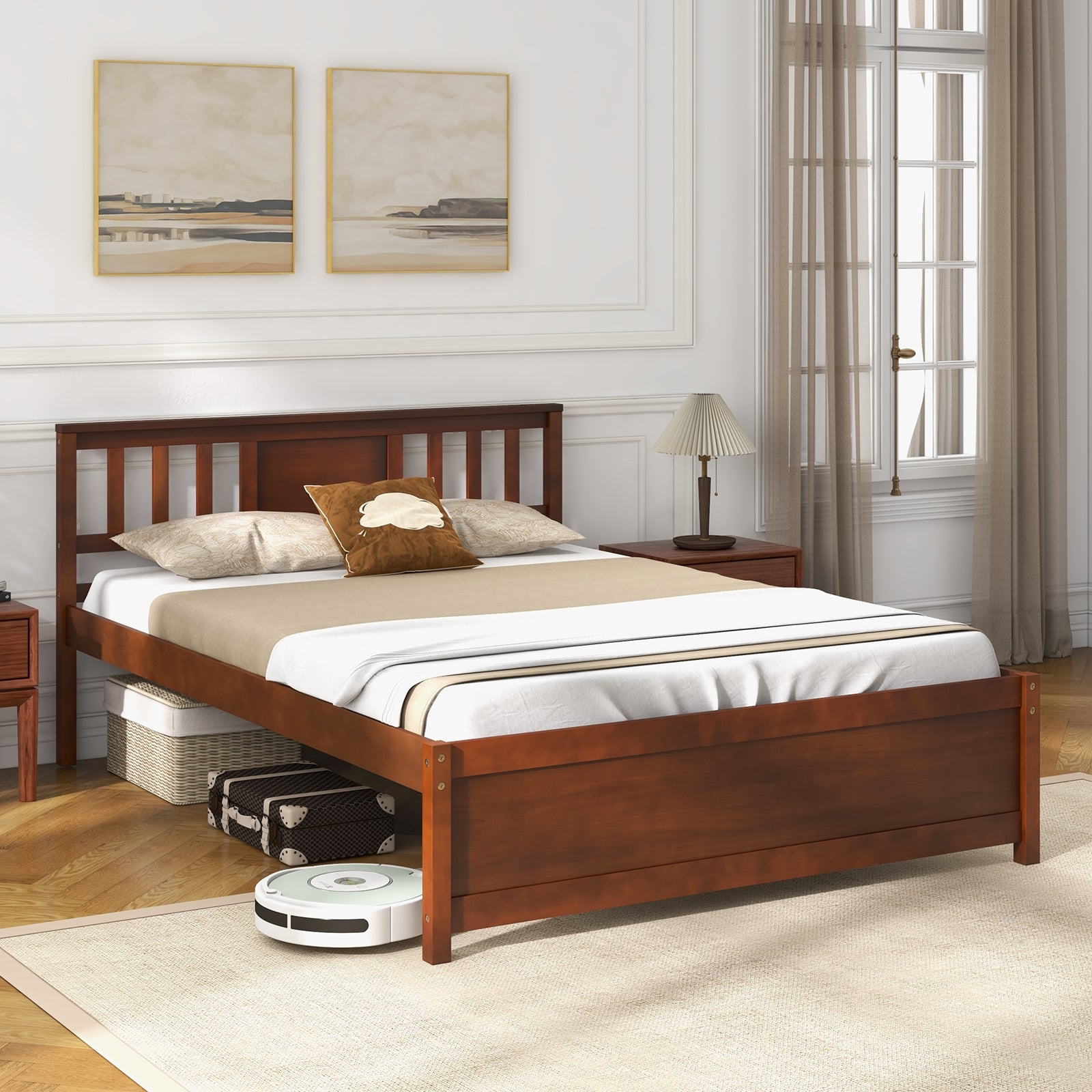 Wooden Platform Bed With Headboard, Full Size, Walnut Simple Bed Frame at Gallery Canada