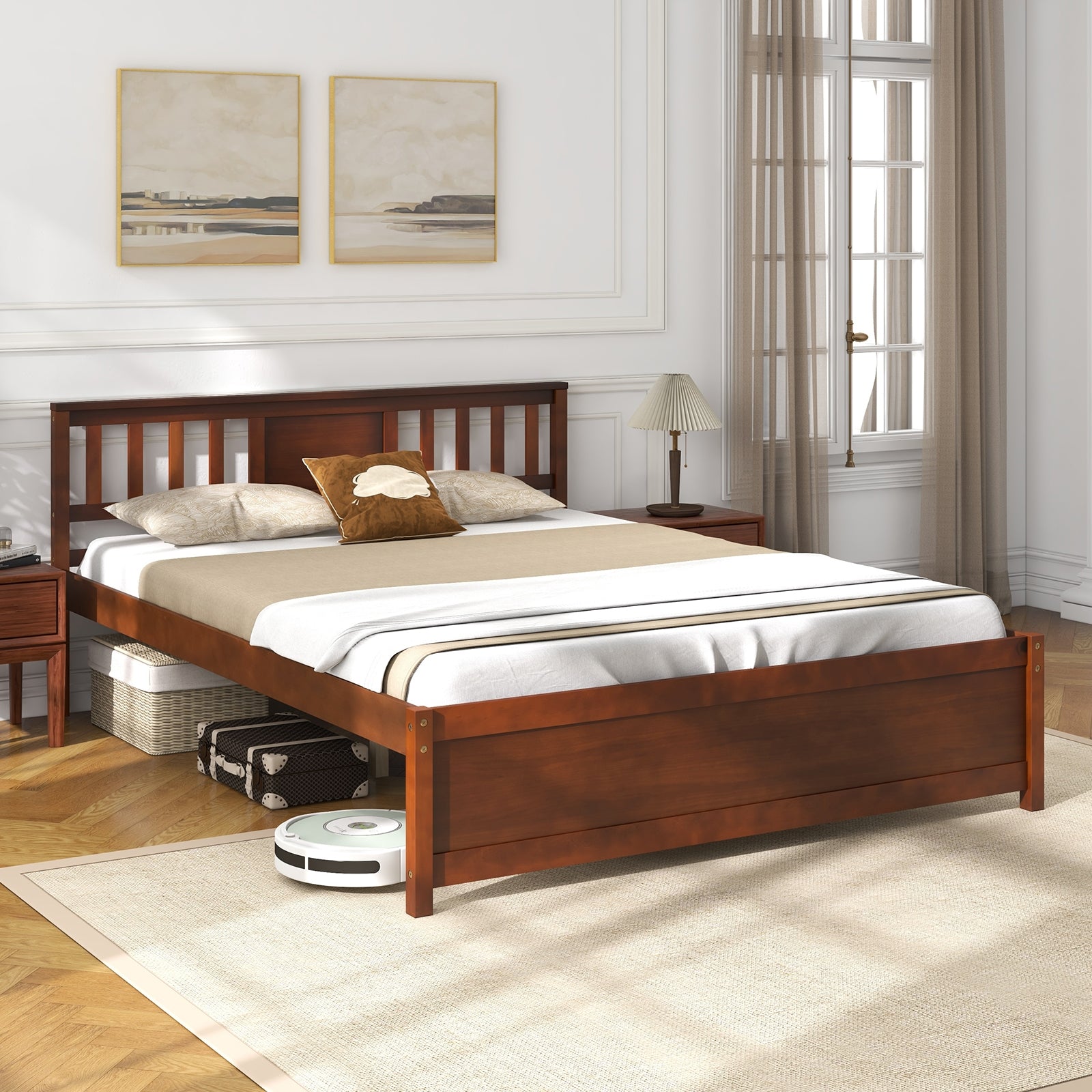 Wooden Platform Bed With Headboard, Queen Size, Walnut Simple Bed Frame at Gallery Canada