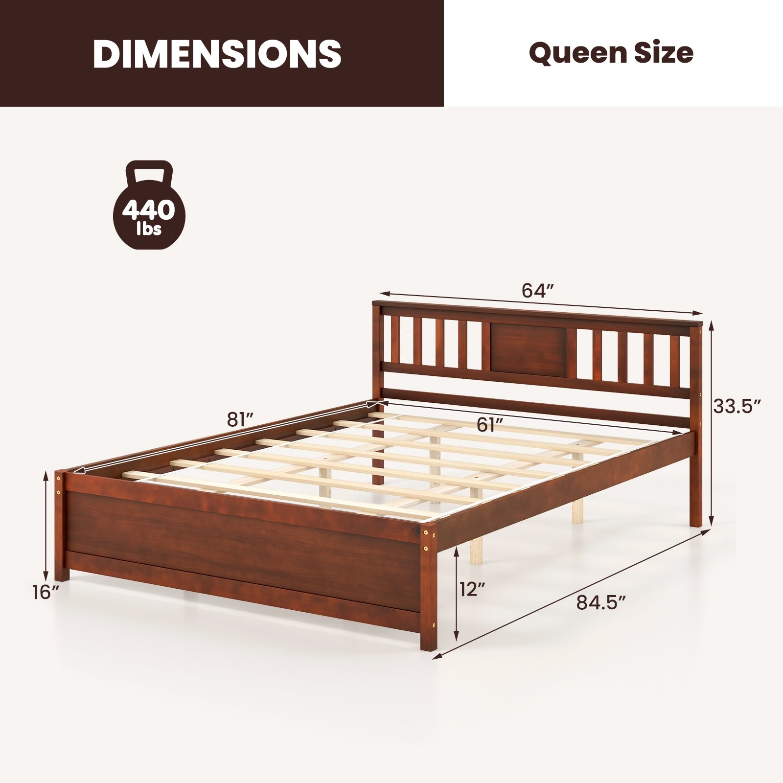 Wooden Platform Bed With Headboard, Queen Size, Walnut Simple Bed Frame at Gallery Canada