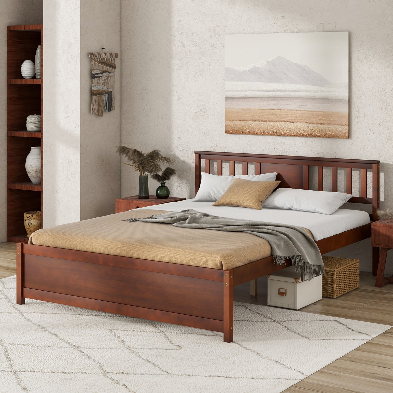 Wooden Platform Bed With Headboard, Queen Size, Walnut Simple Bed Frame at Gallery Canada