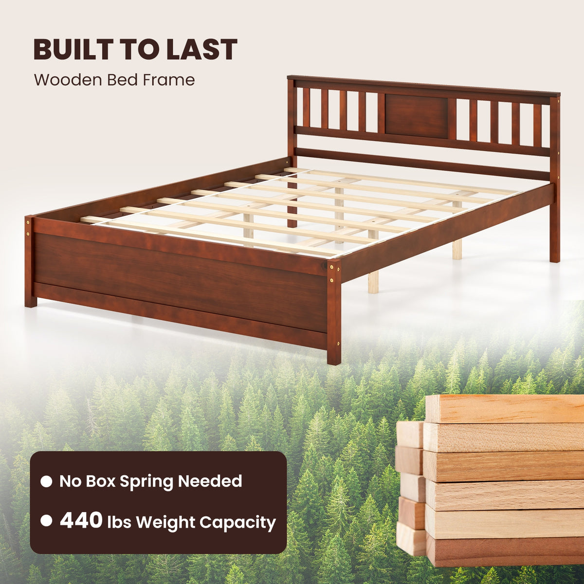 Wooden Platform Bed With Headboard, Queen Size, Walnut Simple Bed Frame at Gallery Canada