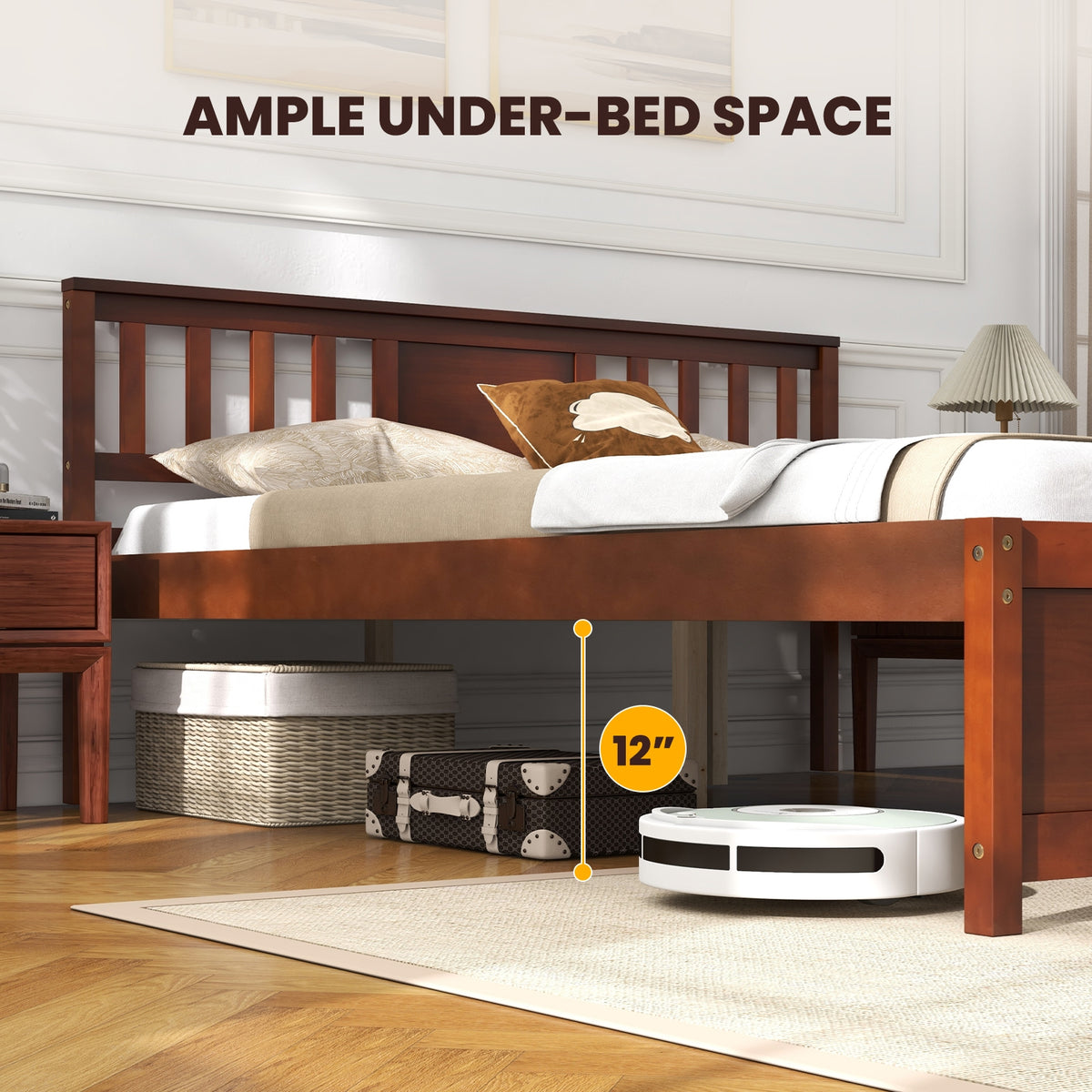Wooden Platform Bed With Headboard, Queen Size, Walnut Simple Bed Frame at Gallery Canada