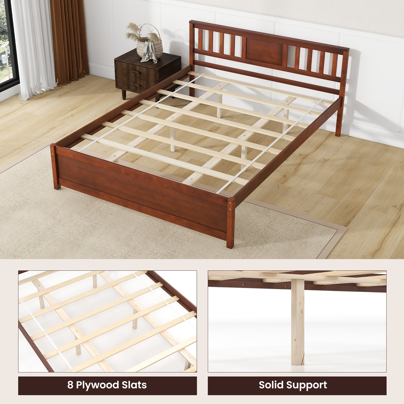 Wooden Platform Bed With Headboard, Queen Size, Walnut Simple Bed Frame at Gallery Canada