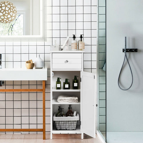 Wooden Bathroom Floor Storage Cabinet With Drawer, White