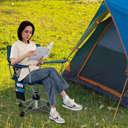 360° Swivel Hunting Chair, Portable Foldable, Mesh Cup Holder, Storage Pockets, Blue