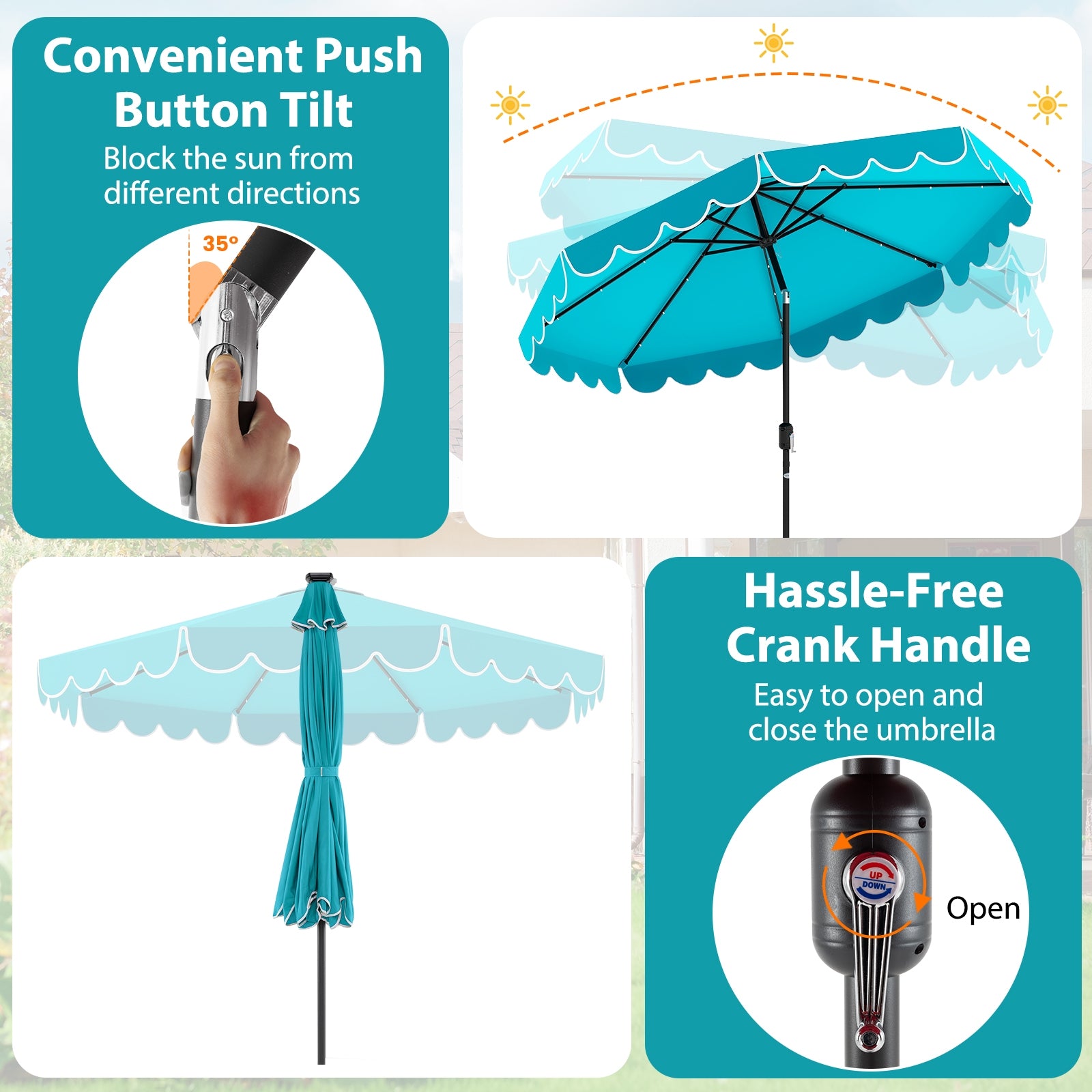 10 Feet Solar Patio Umbrella, 24 LED Lights, Turquoise Outdoor Umbrellas at Gallery Canada