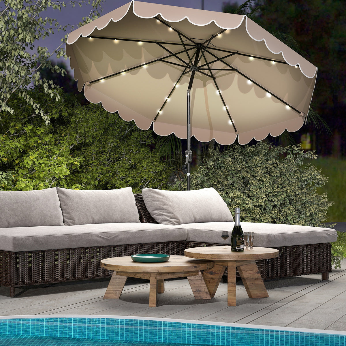10 Feet Solar Patio Umbrella, 24 LED Lights, Coffee Outdoor Umbrellas at Gallery Canada