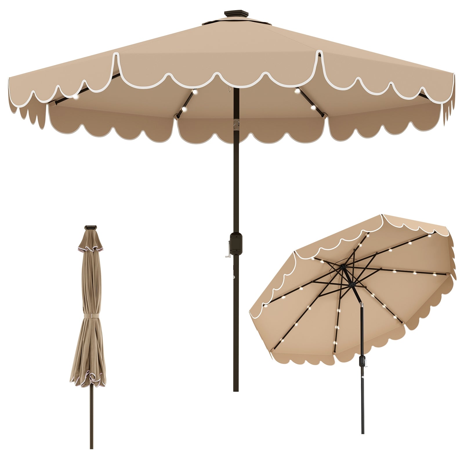 10 Feet Solar Patio Umbrella, 24 LED Lights, Coffee Outdoor Umbrellas Coffee at Gallery Canada