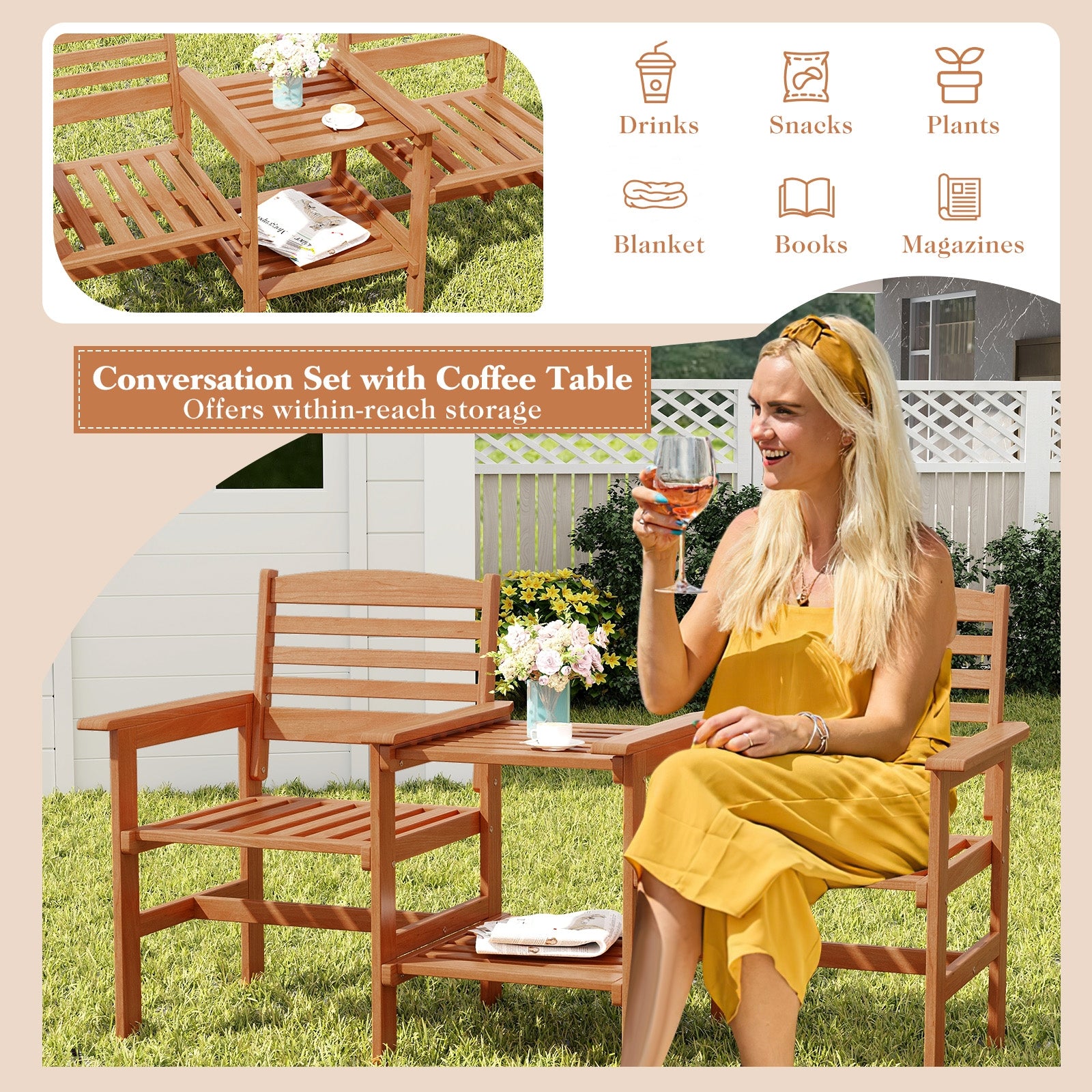 Outdoor Patio Wood 2-Seat Conversation Set, Coffee Table, Umbrella Hole, Natural Patio Conversation Sets at Gallery Canada