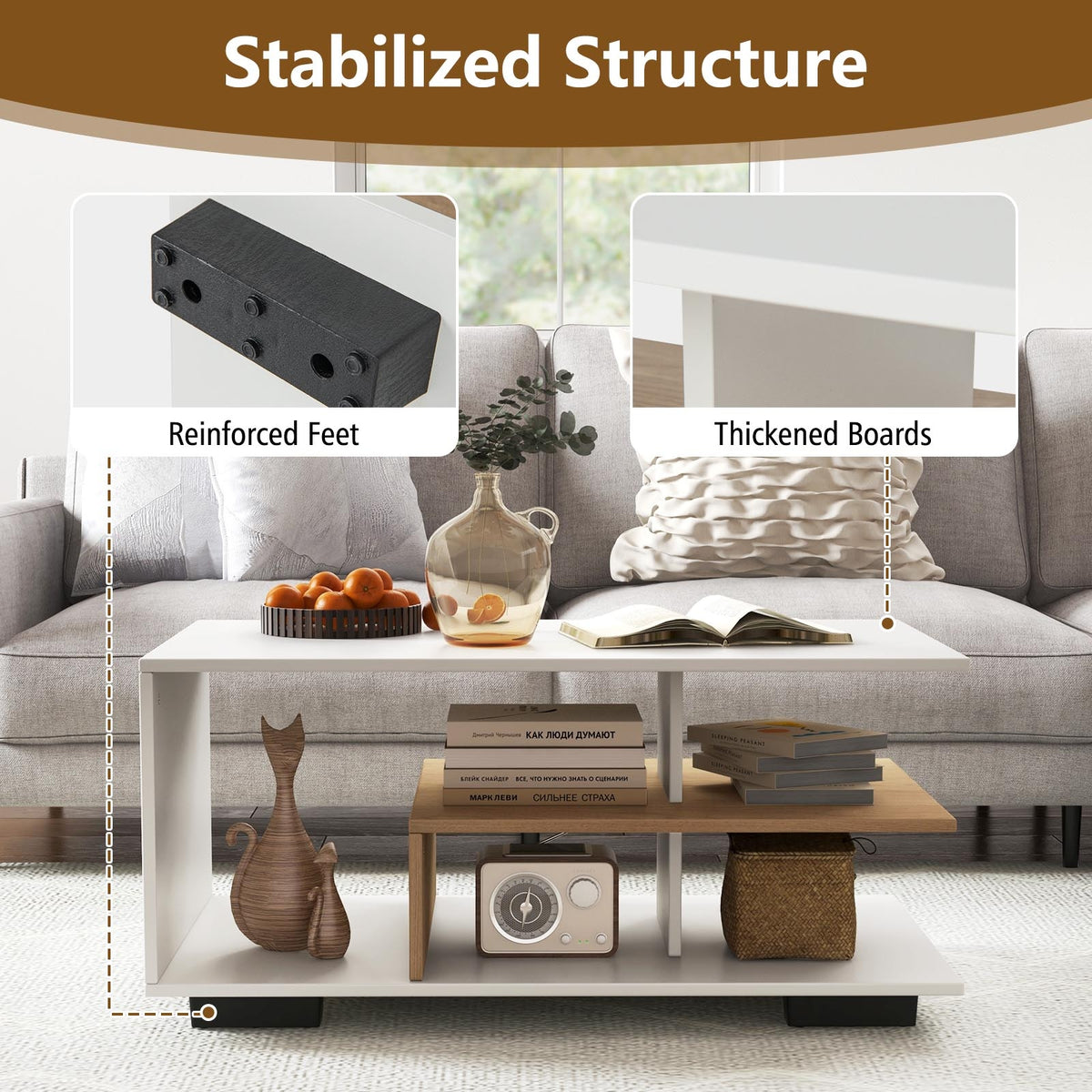 Rectangular Coffee Table, L-Shaped Middle Shelf, White Coffee Tables at Gallery Canada