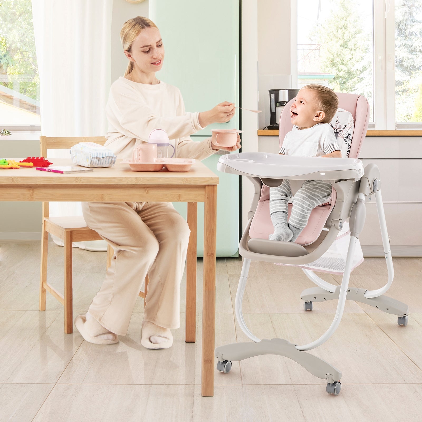 Folding Baby High Chair With Rolling Wheels, Adjustable Height, Pink High Chairs at Gallery Canada