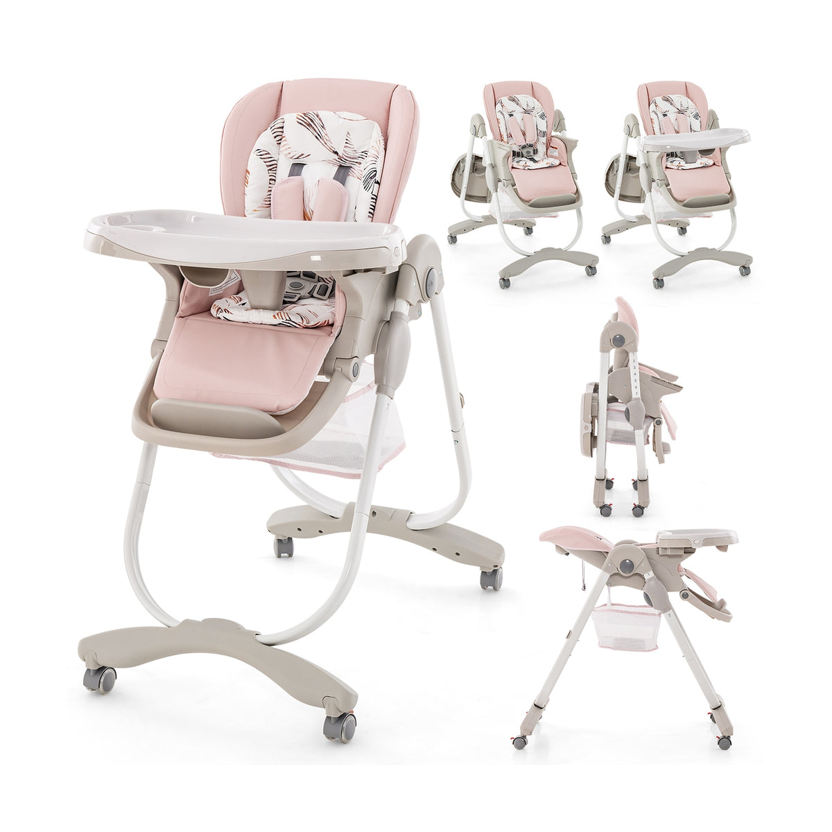 Folding Baby High Chair With Rolling Wheels, Adjustable Height, Pink High Chairs at Gallery Canada